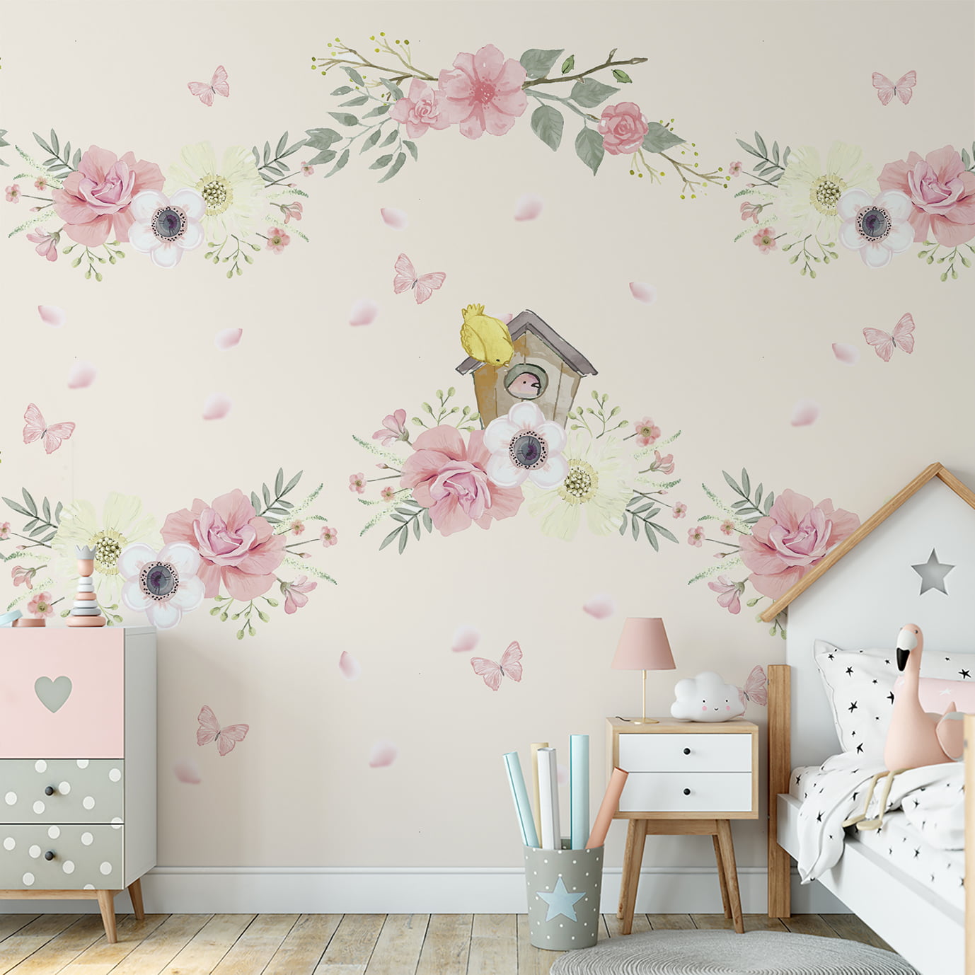 Papel de parede Infantil Floral Casinha dos Pássaros