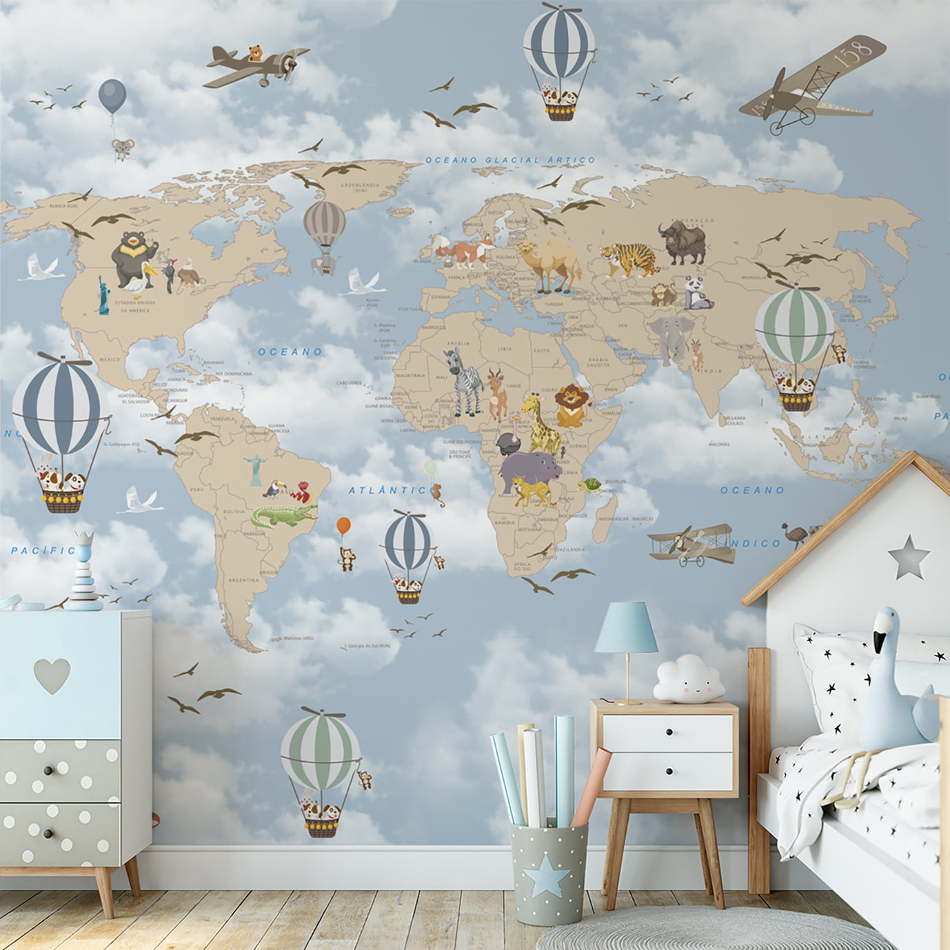 Papel de parede para quarto de bebê safari mapa mundi