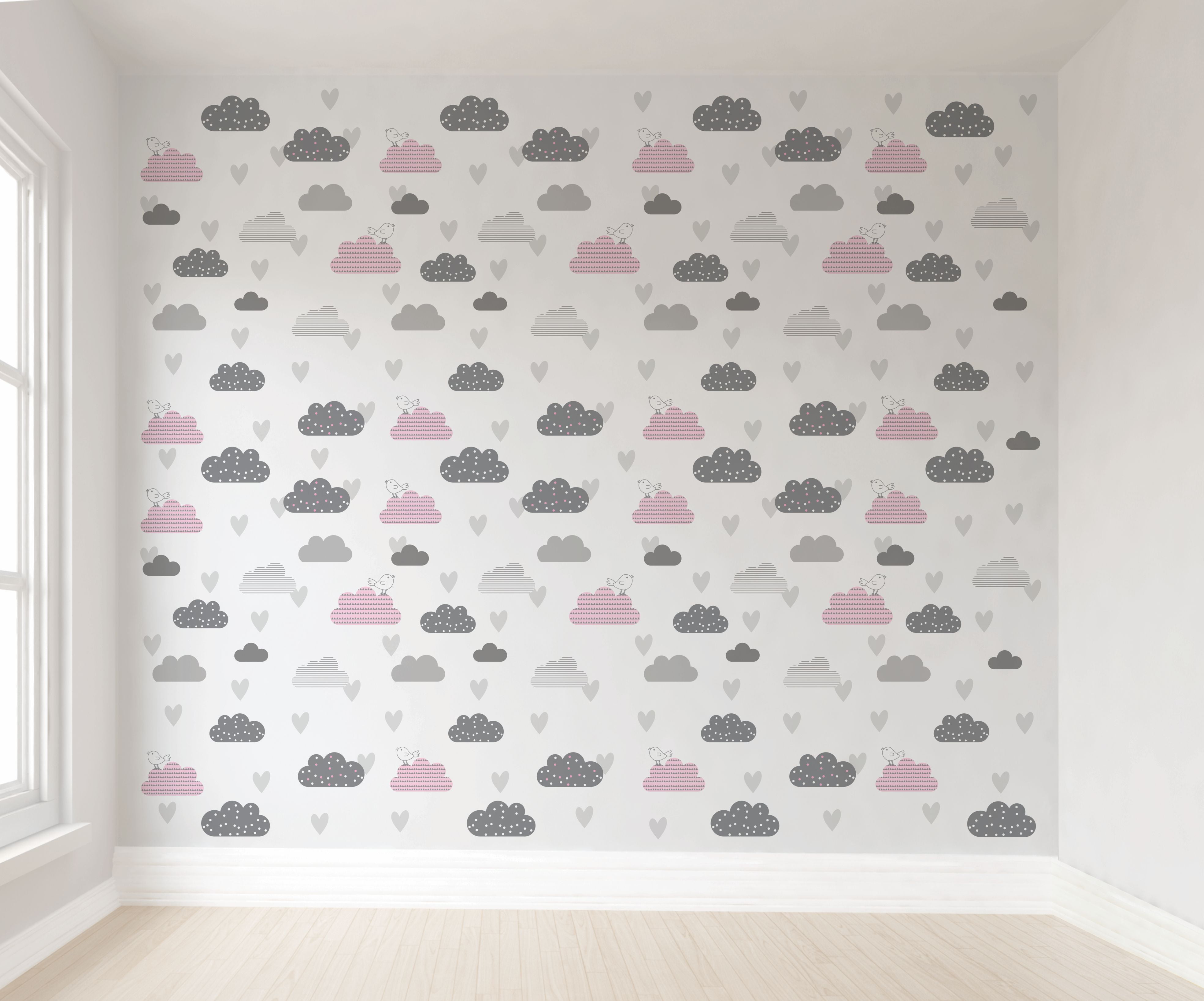 Papel de parede nuvens cinza e rosa com passarinhos Papel De Parede Infantil Nuvens Passarinhos Rosa Cinza Varonidecor
