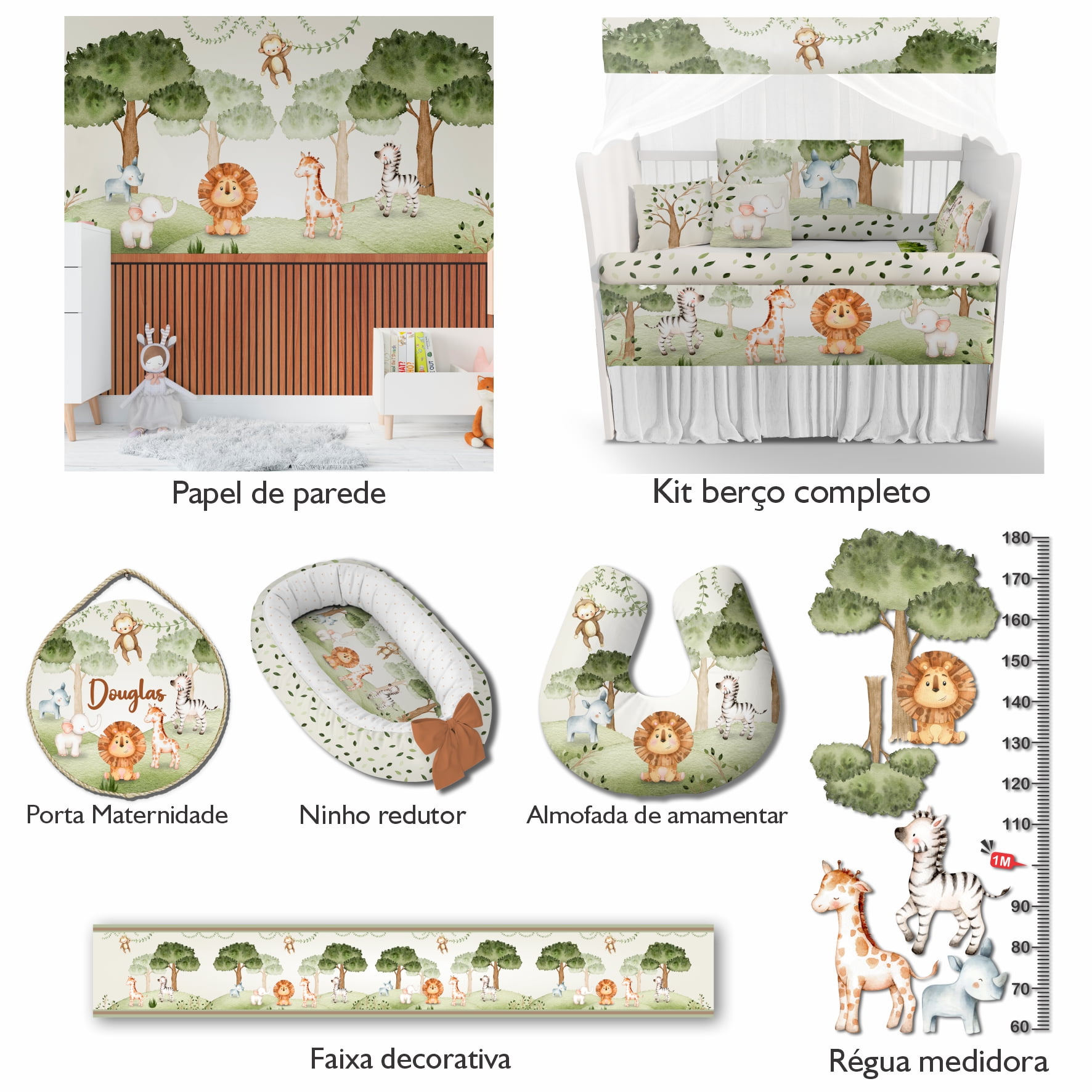 Quarto de bebê Safari completo  Papel de parede  infantil, Enxovais para Bebê, Kits Berço, Kit Cama, faixa decorativa, régua do crescimento, quadros decorativos infantil.