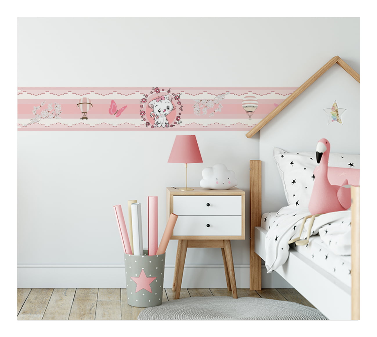 Faixa Decorativa Infantil Adesiva Borboletas Rosa Gato