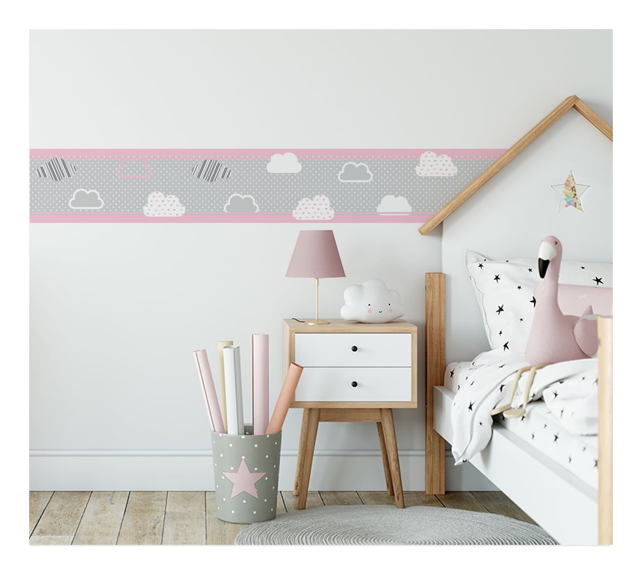 Faixa Decorativa Infantil Adesiva Nuvens Rosa