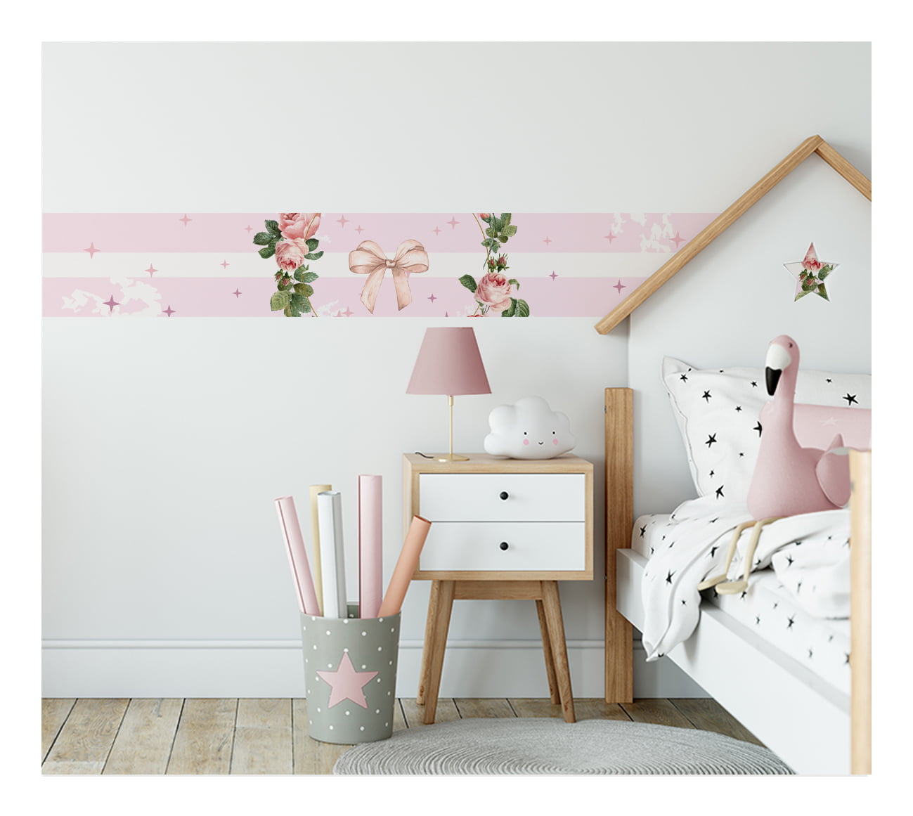 Faixa Decorativa Infantil Adesiva Flores Rosa Laços