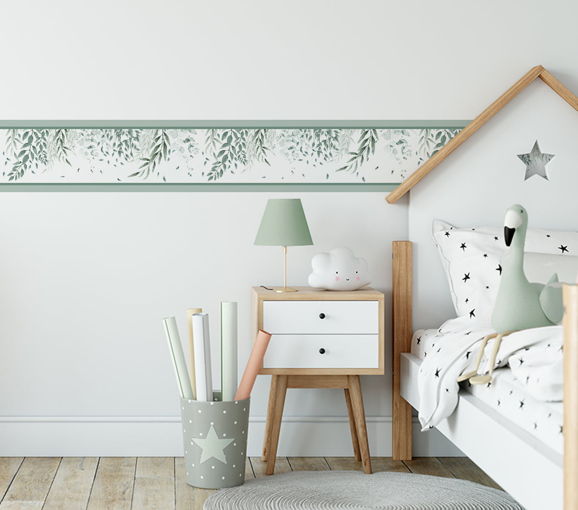 Faixa Decorativa Adesivo Bebê Papel de Parede Folhas Verdes Infantil - FX403