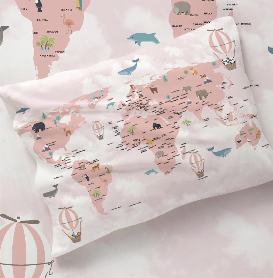Fronha Infantil Mapa Mundi Rosa Menina 100% Algodão | Varoni Decor - FR74
