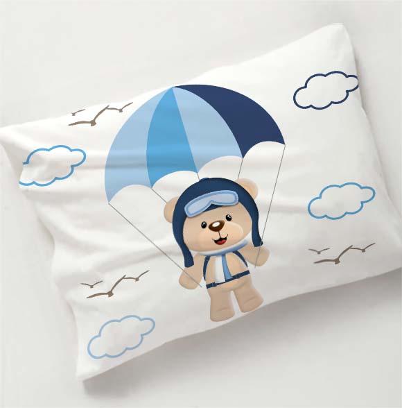 Fronha Infantil Personalizada Urso Aviador Azul Menino 100% Algodão - FR230