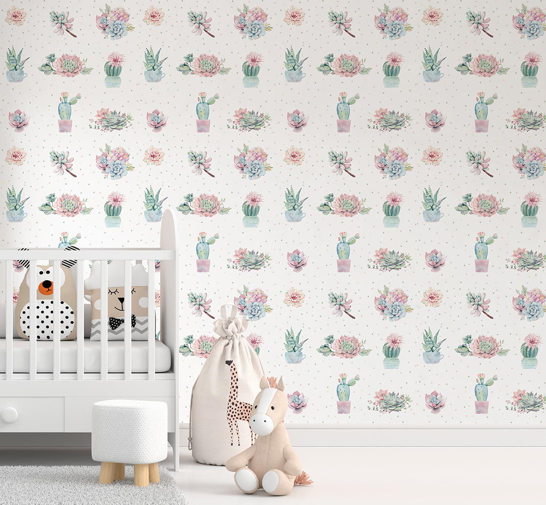 Papel de Parede Infantil Cactos Floral Rosa Menina