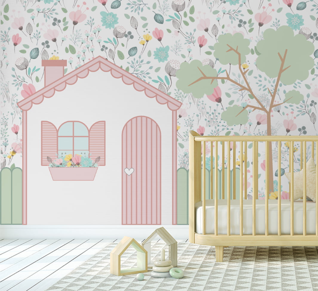 Papel de Parede Infantil Floral Casinha Menina