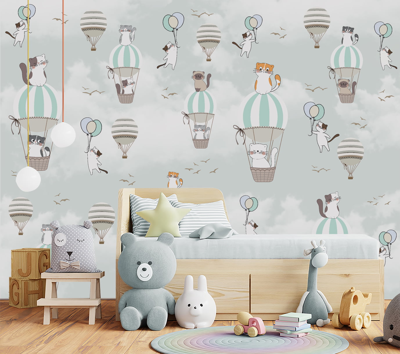 Papel de parede infantil quarto de bebê Gatinhos Fofos Baloeiros