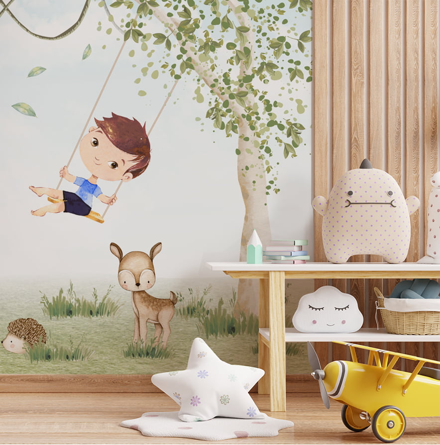 Papel de parede infantil para quarto de bebê Menino no Balanço