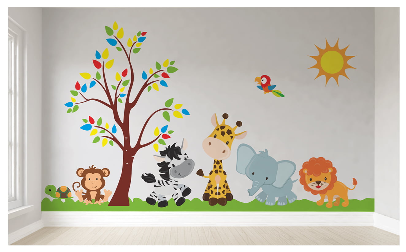 Papel de Parede Infantil Safari Animais Coloridos