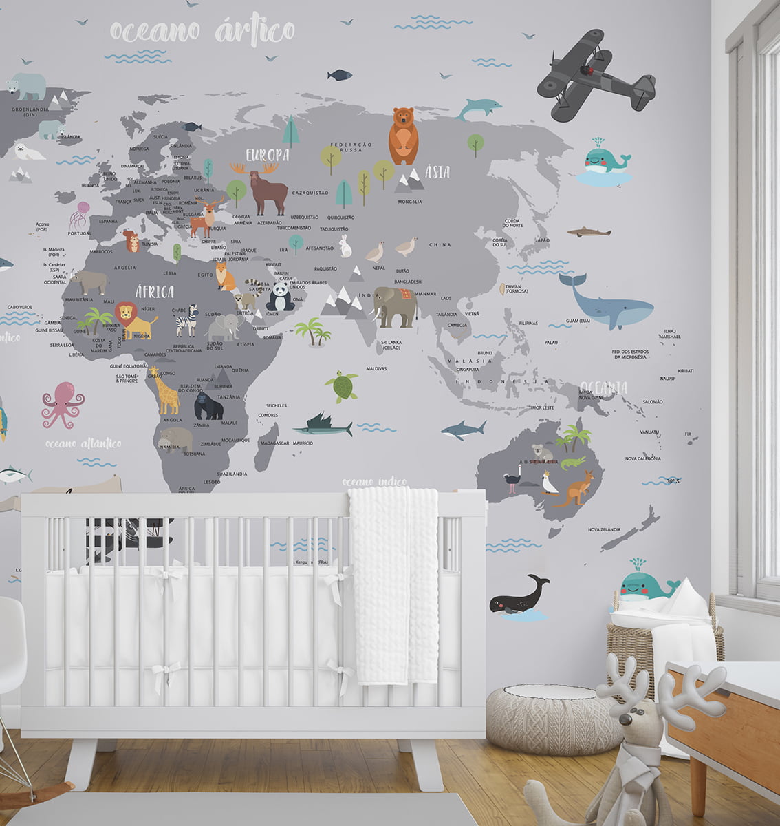 Papel de Parede Infantil Sáfari Mapa Mundi