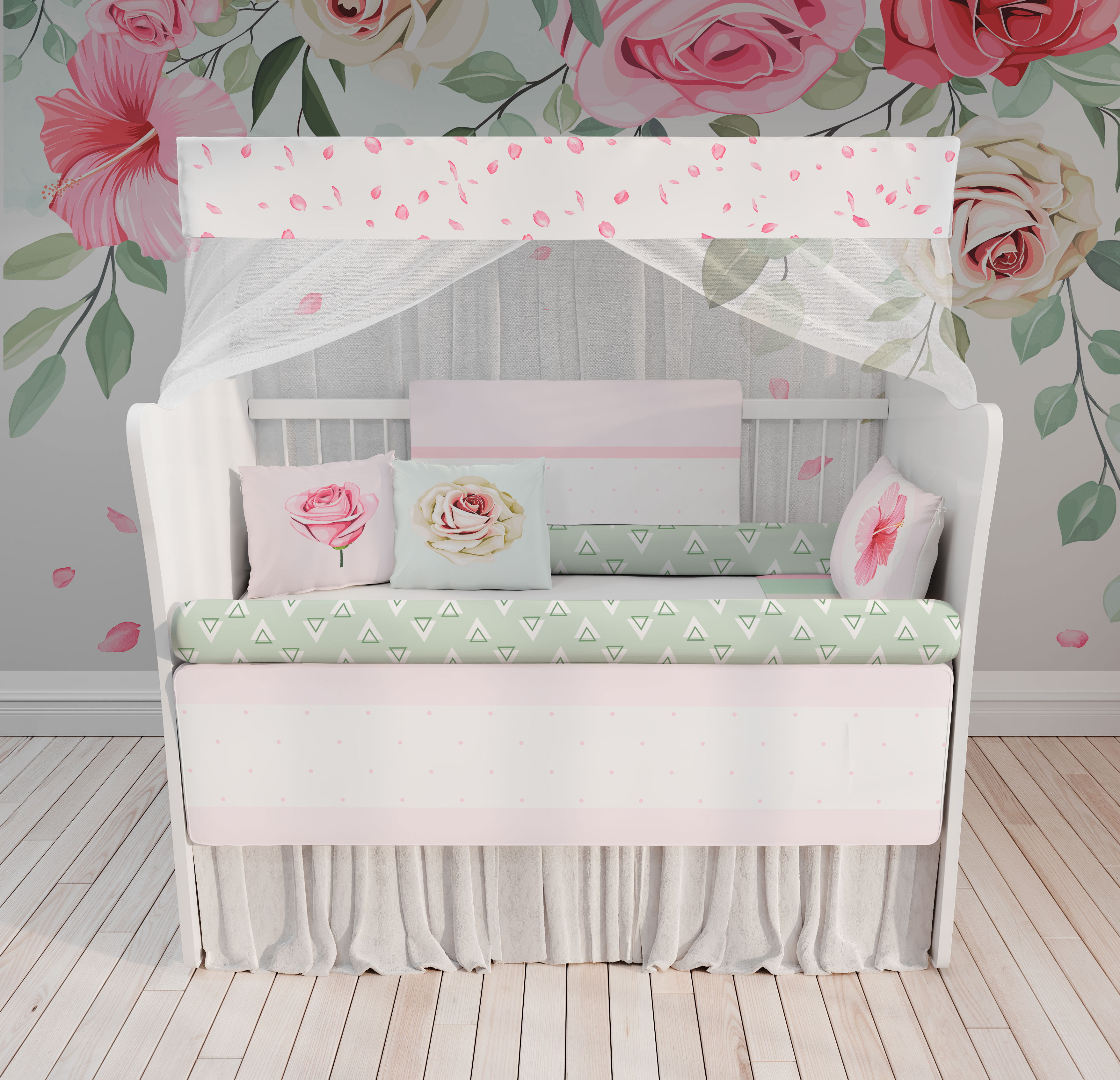 Kit Berço Enxoval de Bebê Floral Rosas e Pétalas - 23 Peças