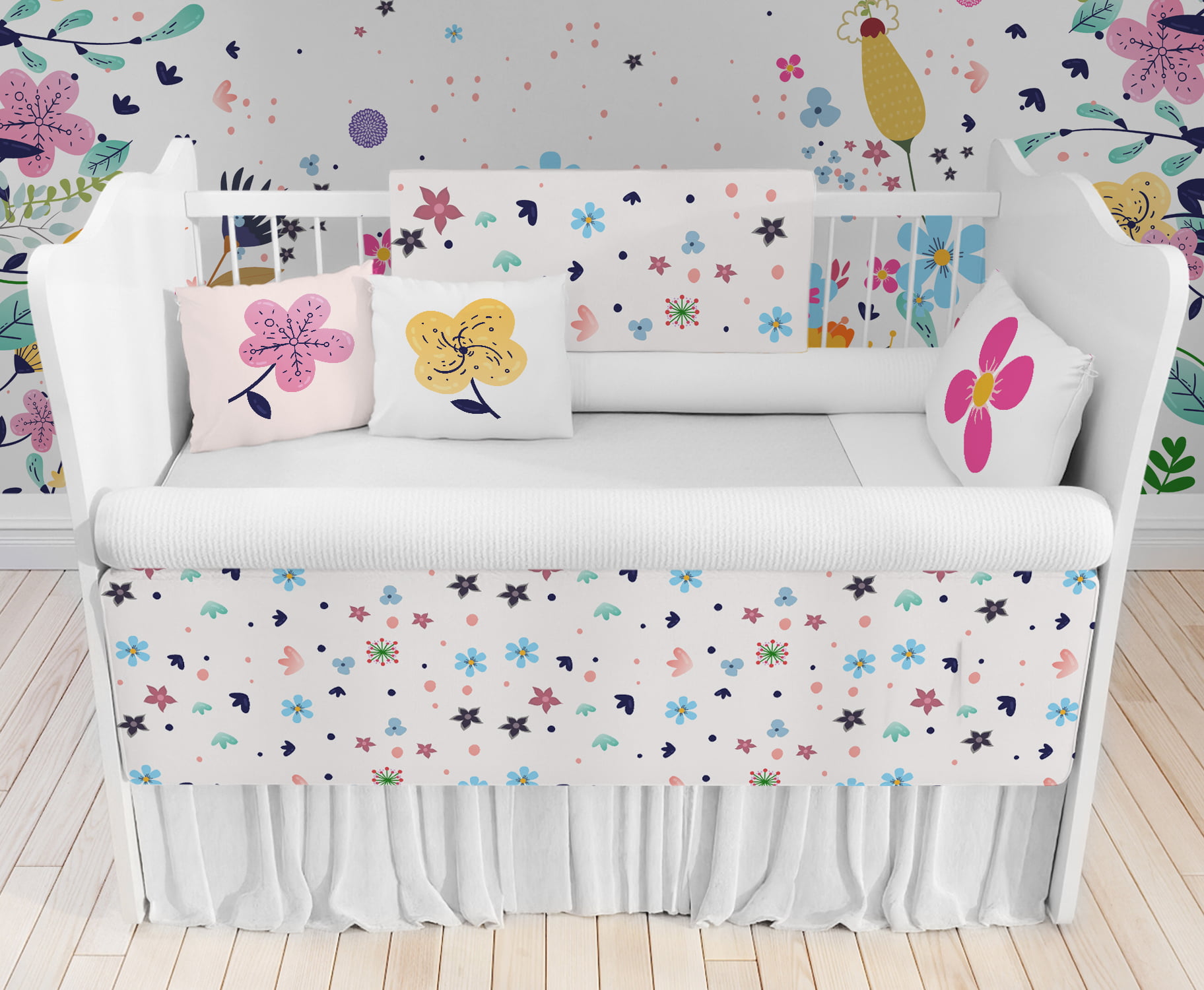 Kit Berço Enxoval de Bebê Floral Colorido KT258 Papel de parede  infantil, Enxovais para Bebê, Kits Berço, Kit Cama, faixa decorativa, régua do crescimento, quadros decorativos infantil.