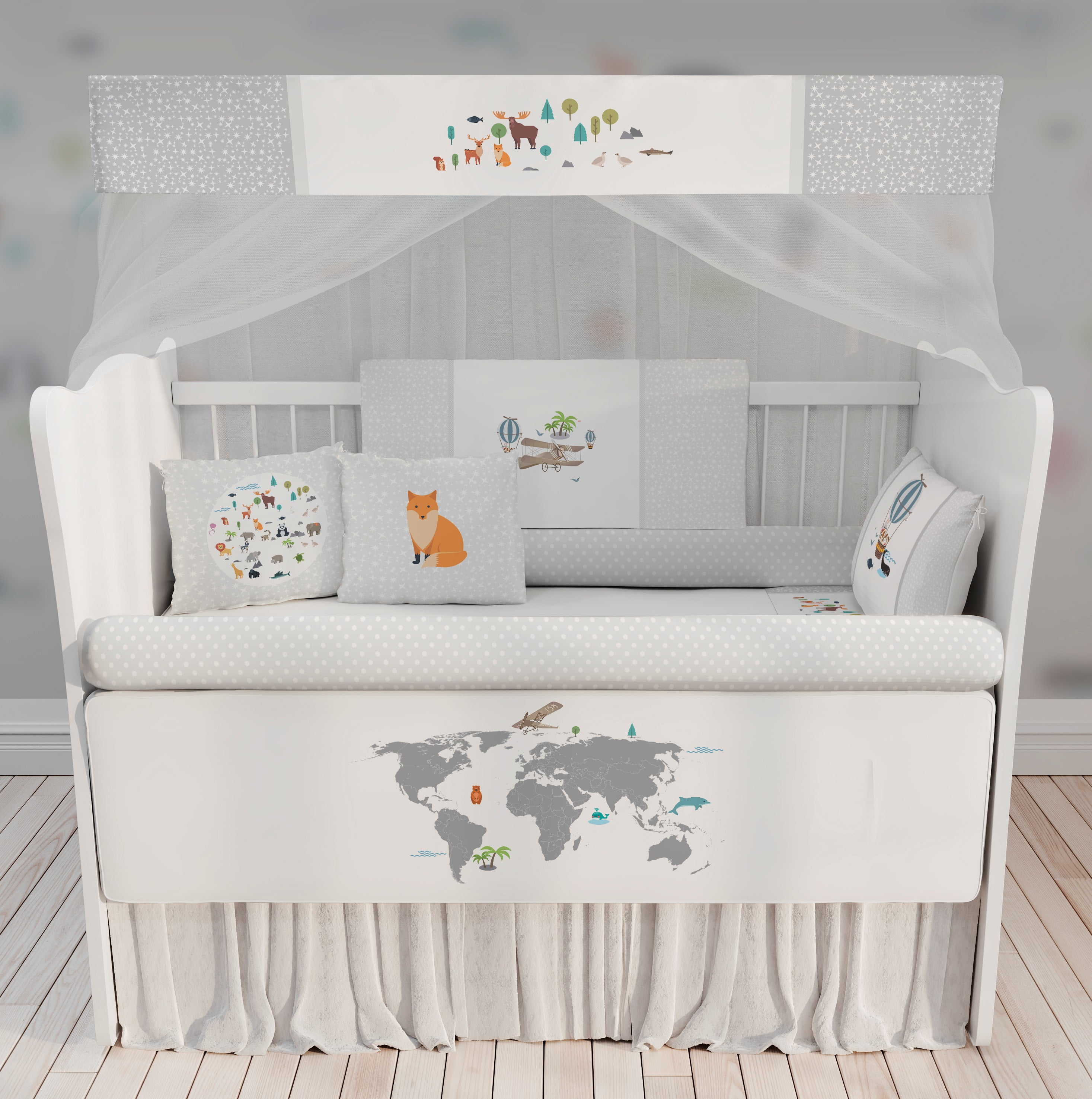 Kit Berço Enxoval de Bebê Mapa Mundi Cinza Menino KT45 Papel de parede  infantil, Enxovais para Bebê, Kits Berço, Kit Cama, faixa decorativa, régua do crescimento, quadros decorativos infantil.