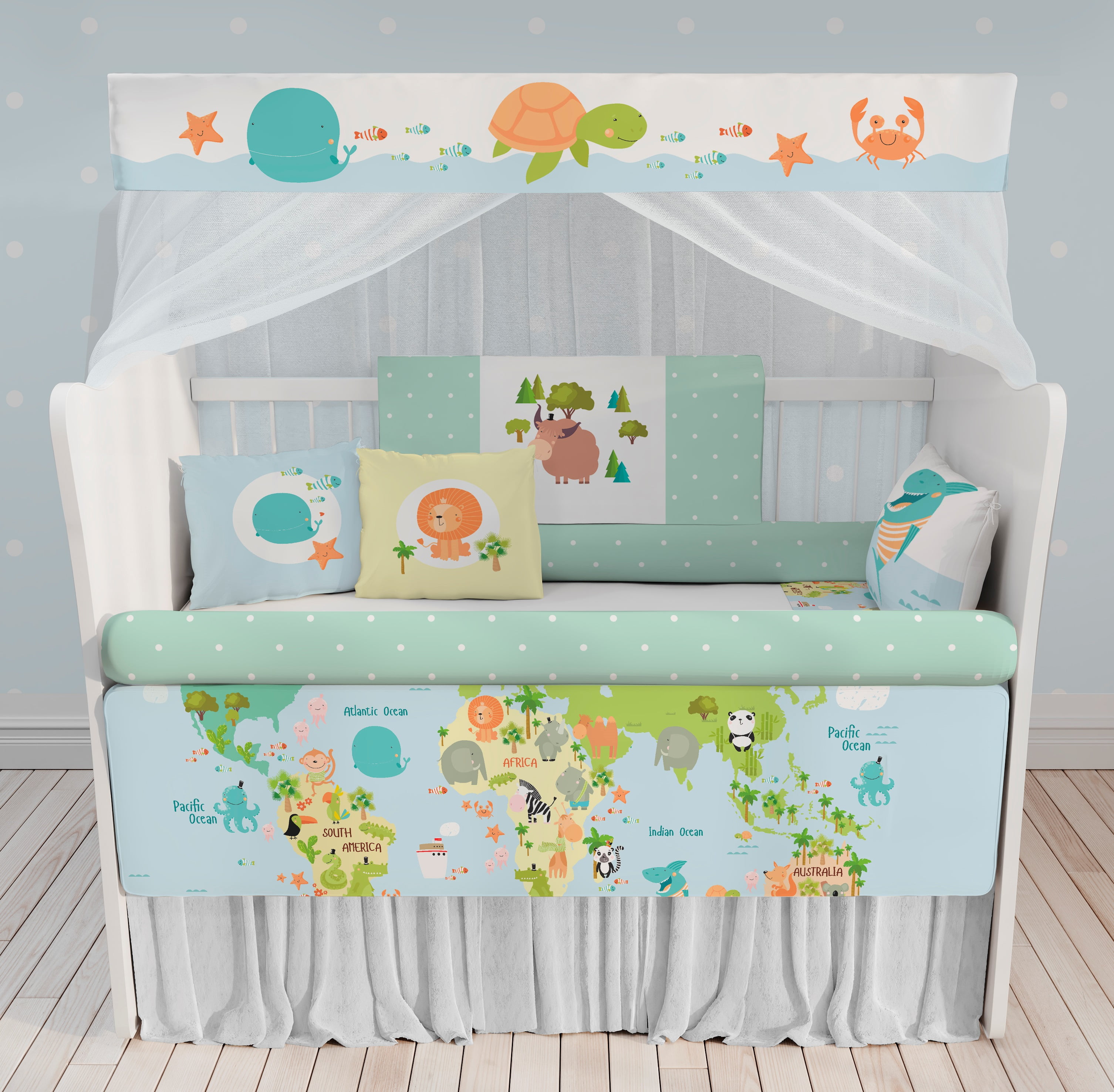 Kit Berço Enxoval de Bebê Safari Mapa Mundi Azul KT49 Papel de parede  infantil, Enxovais para Bebê, Kits Berço, Kit Cama, faixa decorativa, régua do crescimento, quadros decorativos infantil.