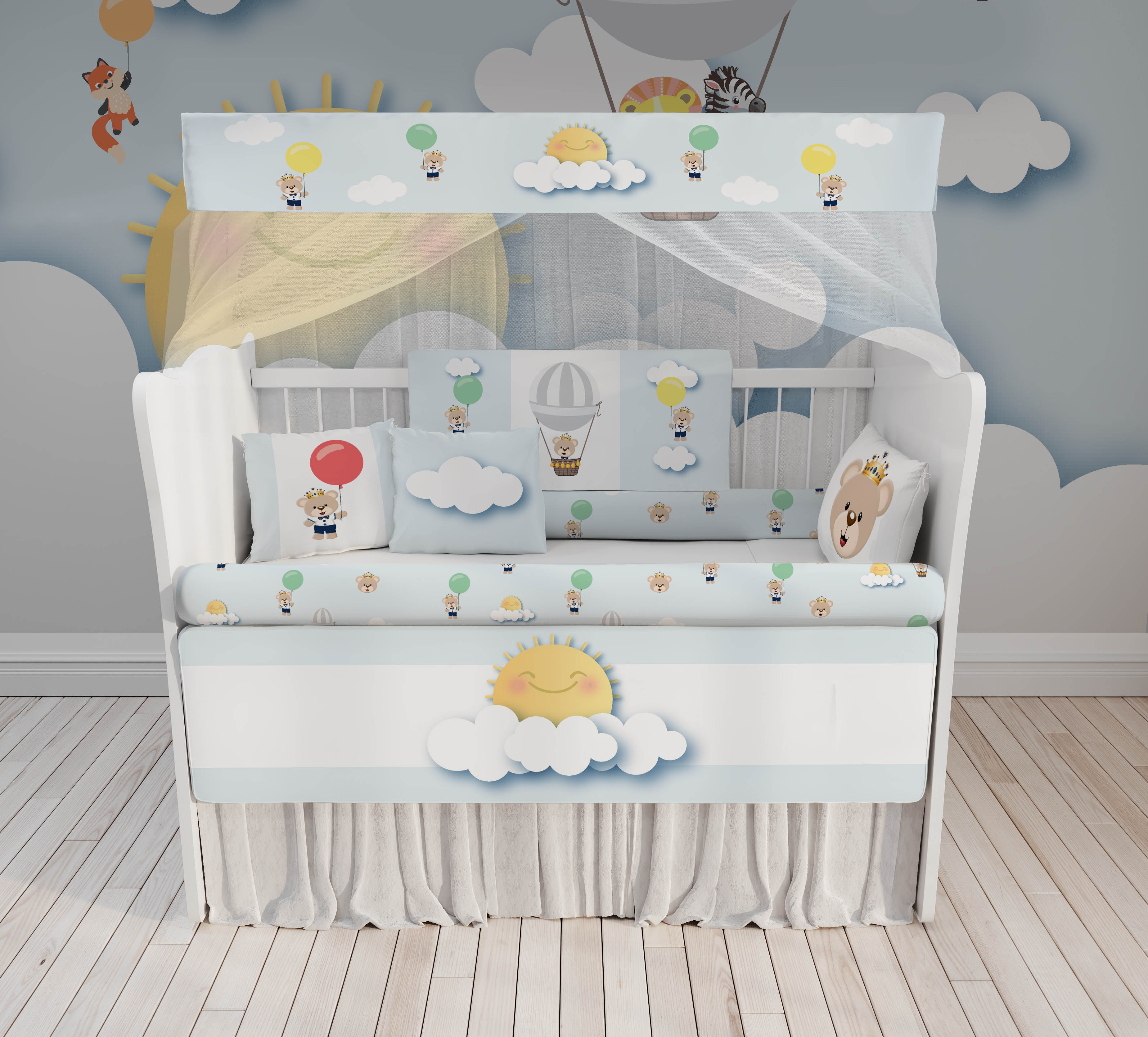 Kit Berço Enxoval de Bebê Safari Urso Balões Azul - KT34 Papel de parede  infantil, Enxovais para Bebê, Kits Berço, Kit Cama, faixa decorativa, régua do crescimento, quadros decorativos infantil.