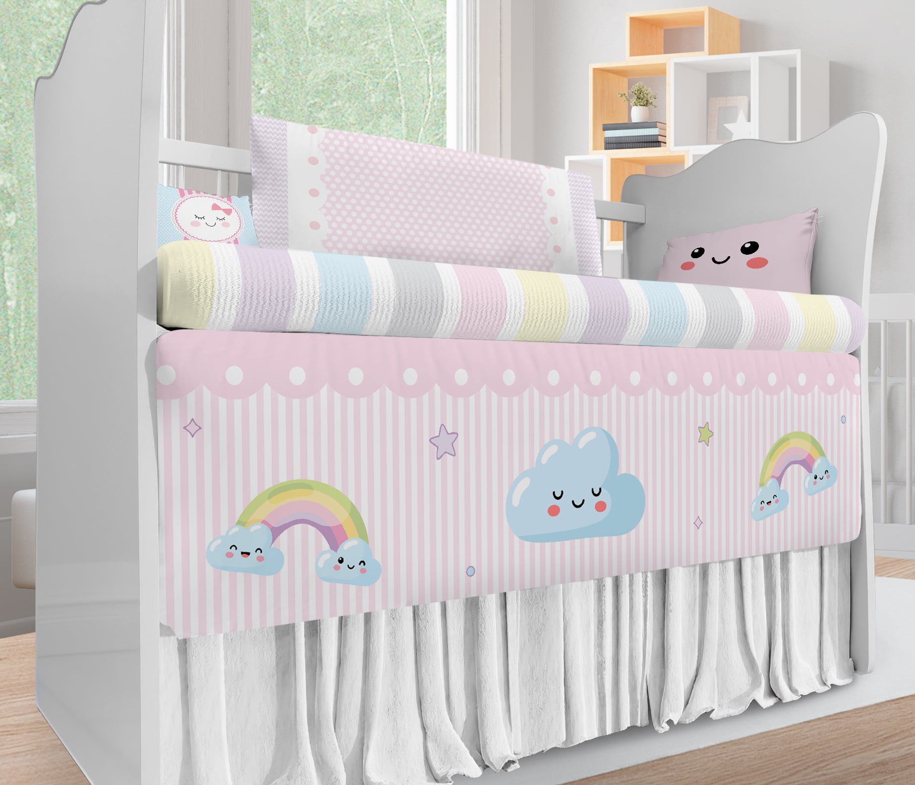 Kit Berço Enxoval de Bebê Chuva de Amor Nuvens Fofas KT600 Papel de parede  infantil, Enxovais para Bebê, Kits Berço, Kit Cama, faixa decorativa, régua do crescimento, quadros decorativos infantil.