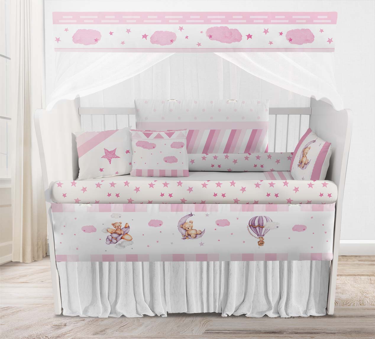 Kit de Berço Enxoval de Bebê Ursinho Rosa Nuvens