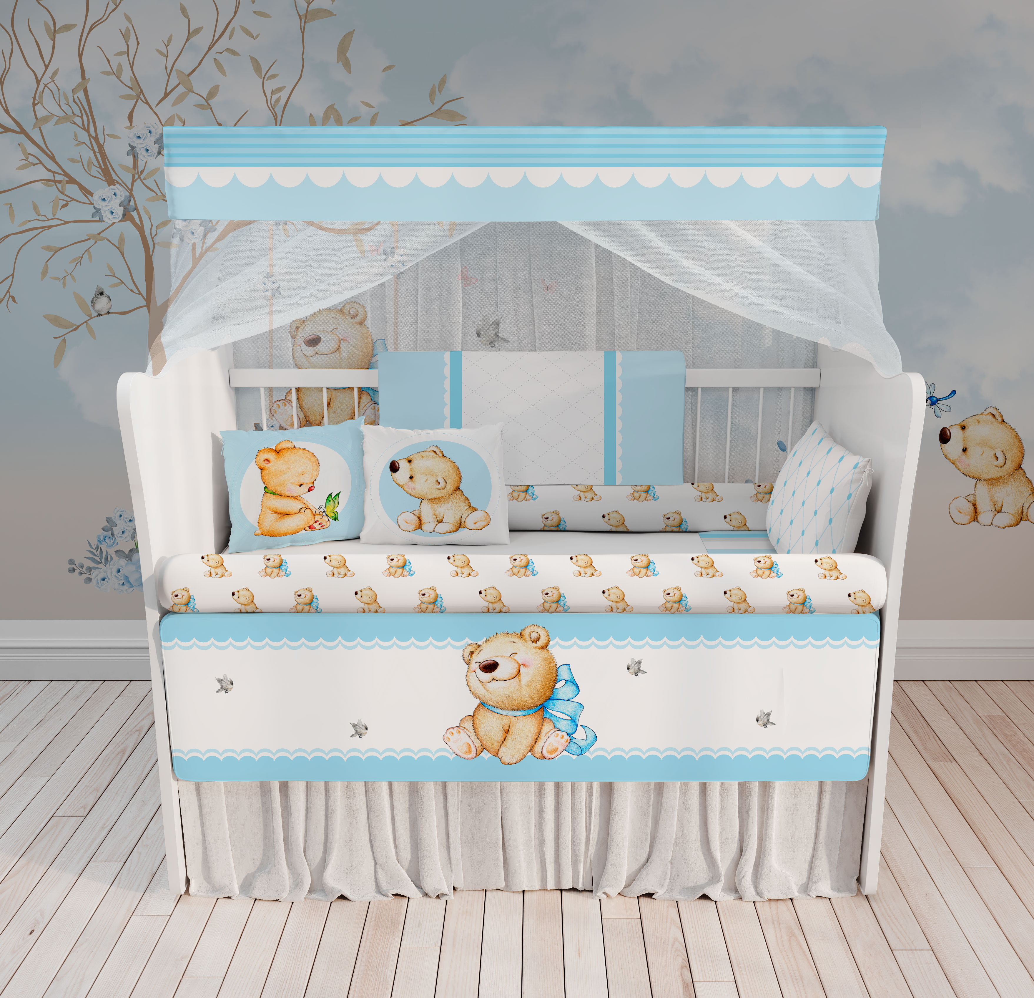 Kit Berço Enxoval de Bebê Urso Jardim Flores Azul KT227 Papel de parede  infantil, Enxovais para Bebê, Kits Berço, Kit Cama, faixa decorativa, régua do crescimento, quadros decorativos infantil.