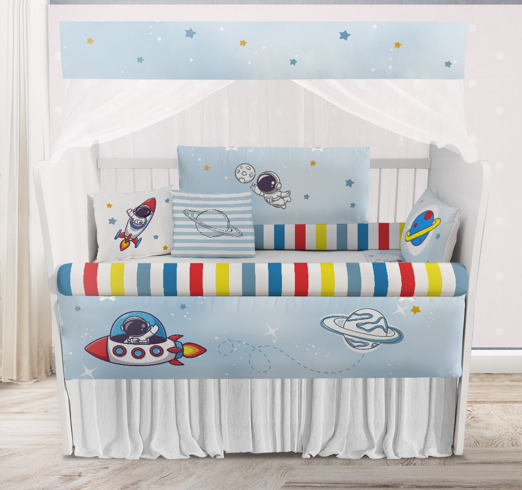 Kit Berço Enxoval de Bebê Foguete Astronauta Azul KT704 Papel de parede  infantil, Enxovais para Bebê, Kits Berço, Kit Cama, faixa decorativa, régua do crescimento, quadros decorativos infantil.