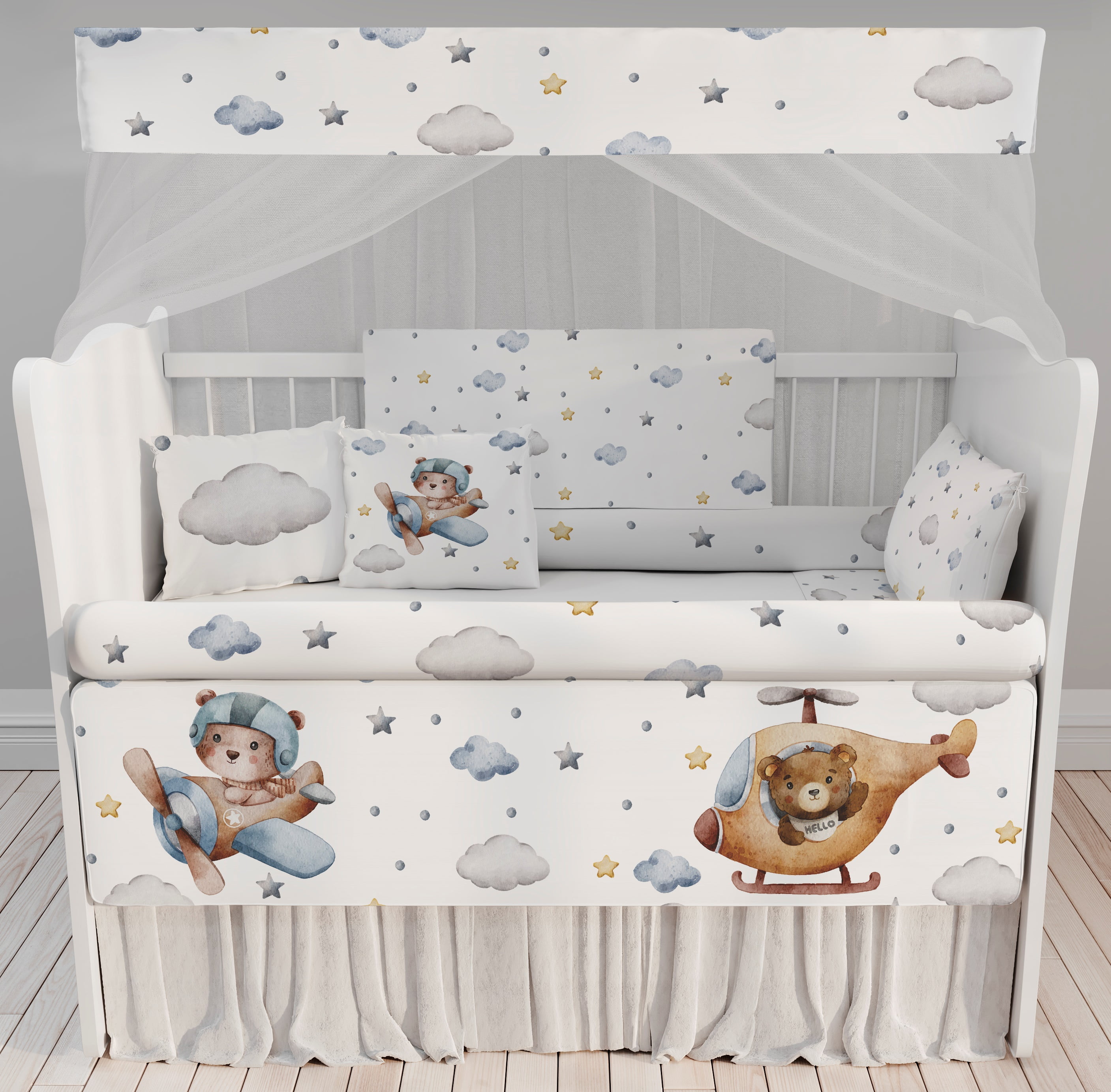 Kit Berço Enxoval de Bebê Ursos Nuvens Menino KT686 Papel de parede  infantil, Enxovais para Bebê, Kits Berço, Kit Cama, faixa decorativa, régua do crescimento, quadros decorativos infantil.