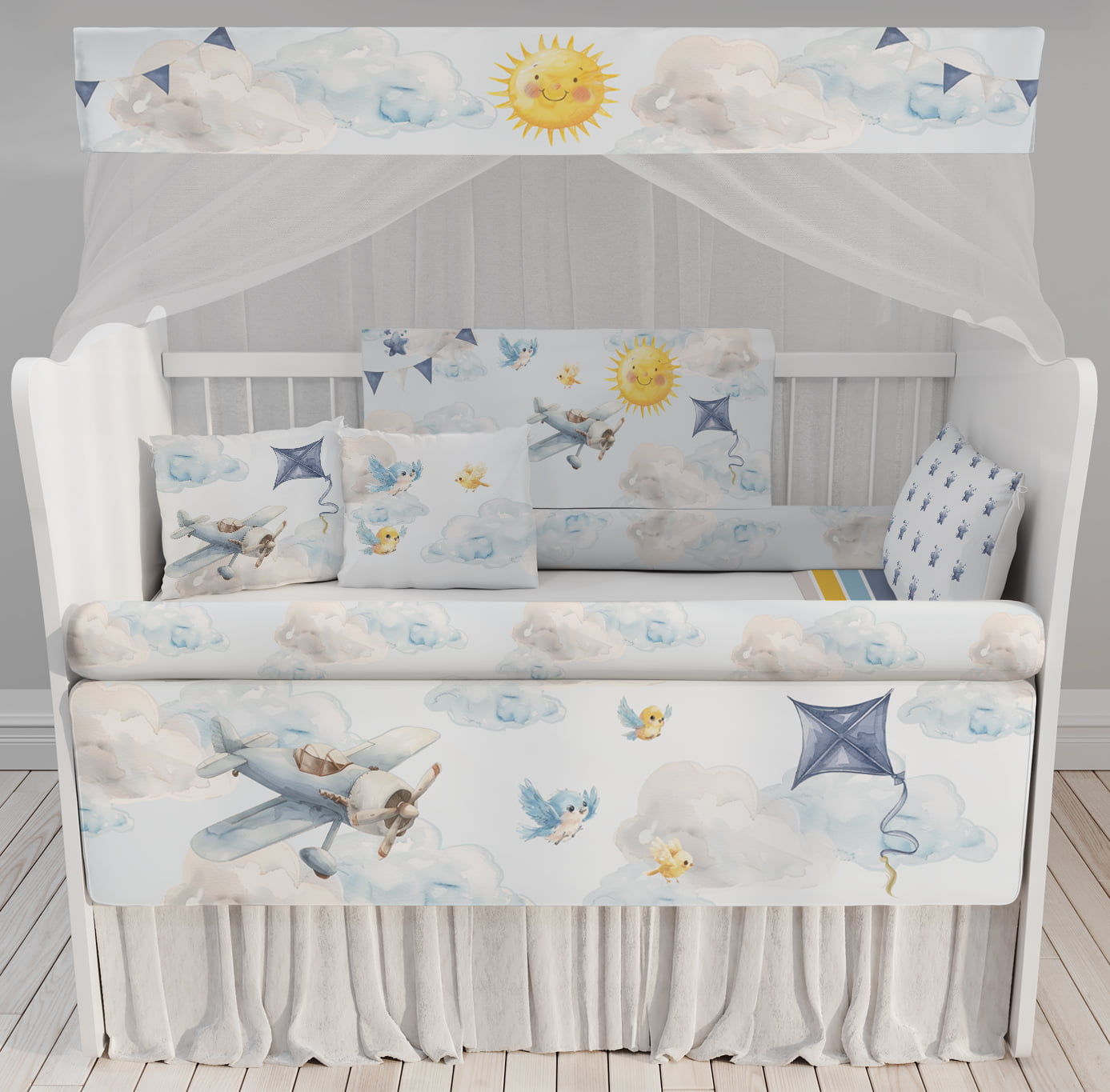 Kit Berço Enxoval de Bebê Avião Nuvens Céu Algodão KT721 Papel de parede  infantil, Enxovais para Bebê, Kits Berço, Kit Cama, faixa decorativa, régua do crescimento, quadros decorativos infantil.