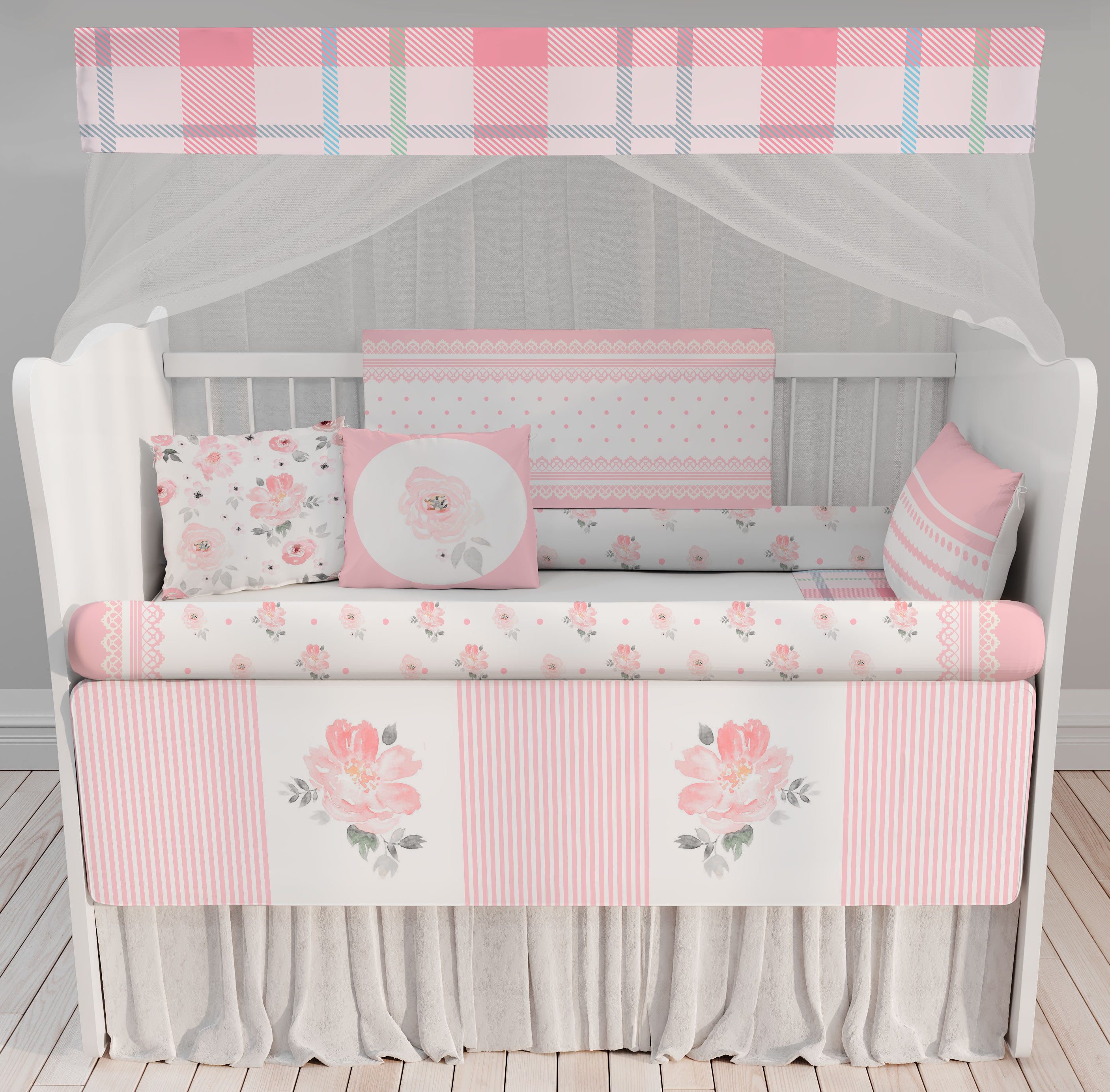 kit Berço Enxoval de Bebê Floral Jardim Rosa Menina  Papel de parede  infantil, Enxovais para Bebê, Kits Berço, Kit Cama, faixa decorativa, régua do crescimento, quadros decorativos infantil.