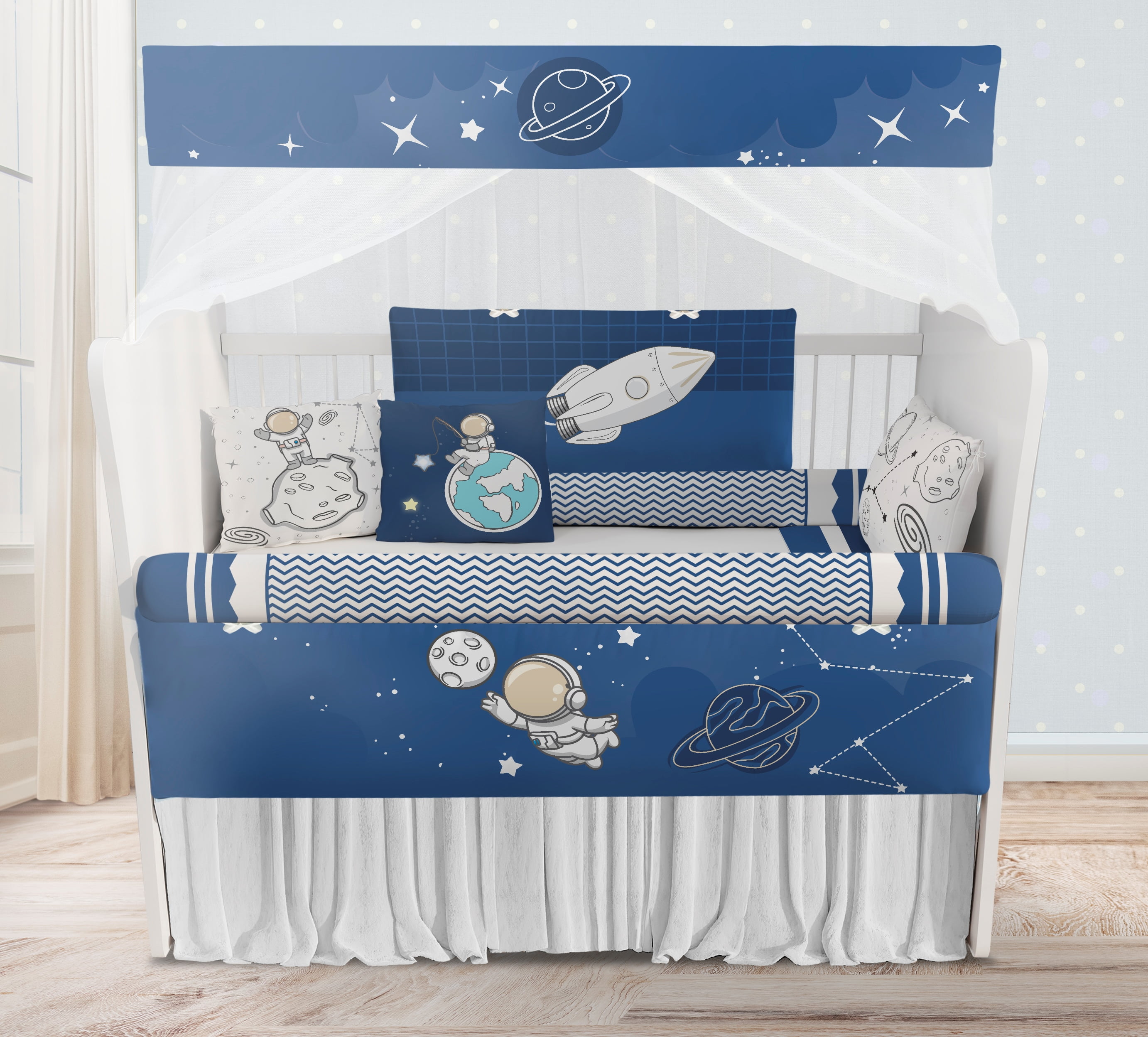 Kit Berço Enxoval de Bebê Espaço Astronauta Azul 