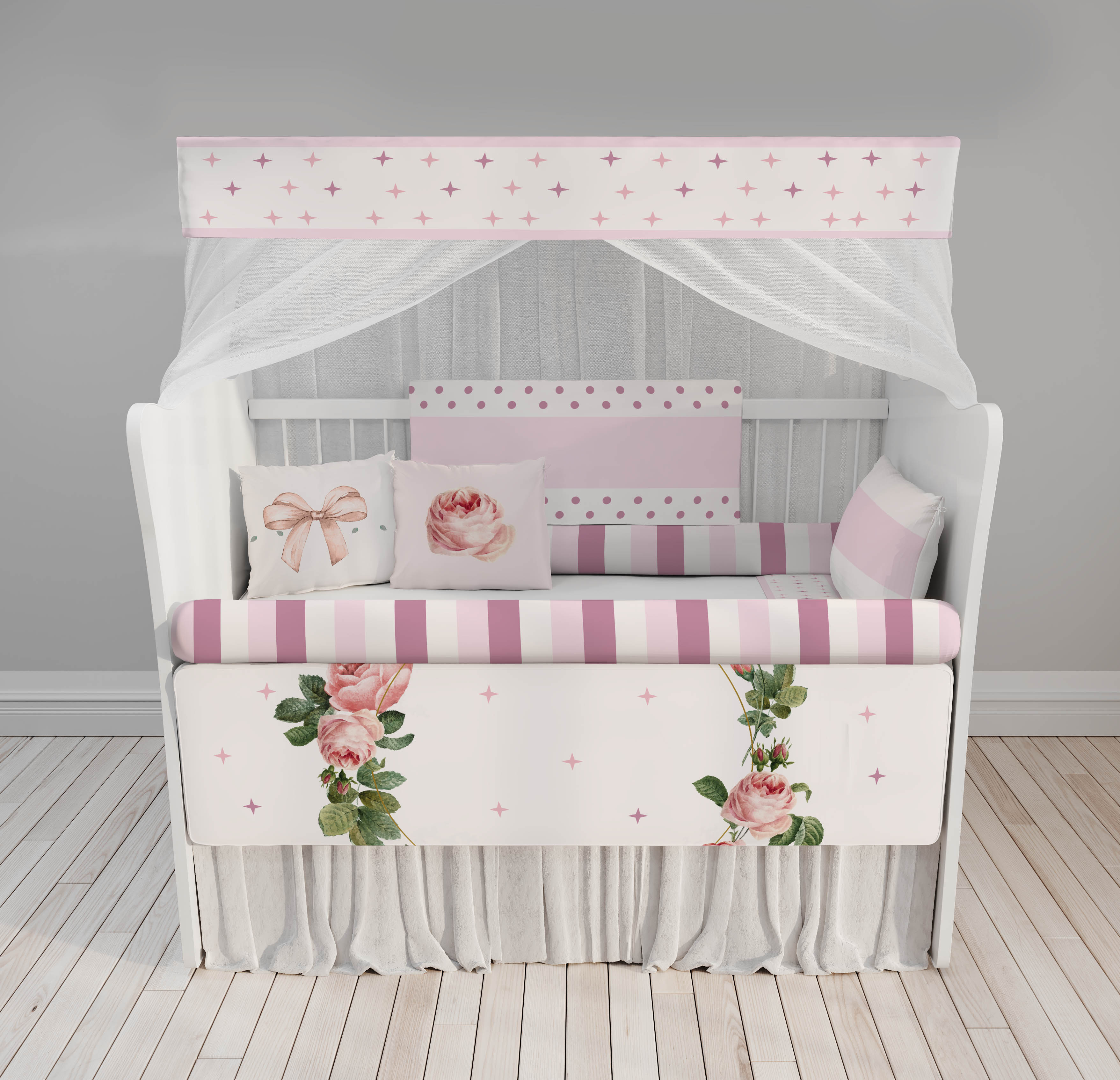 Kit Berço Enxoval de Bebê Floral Rosas 