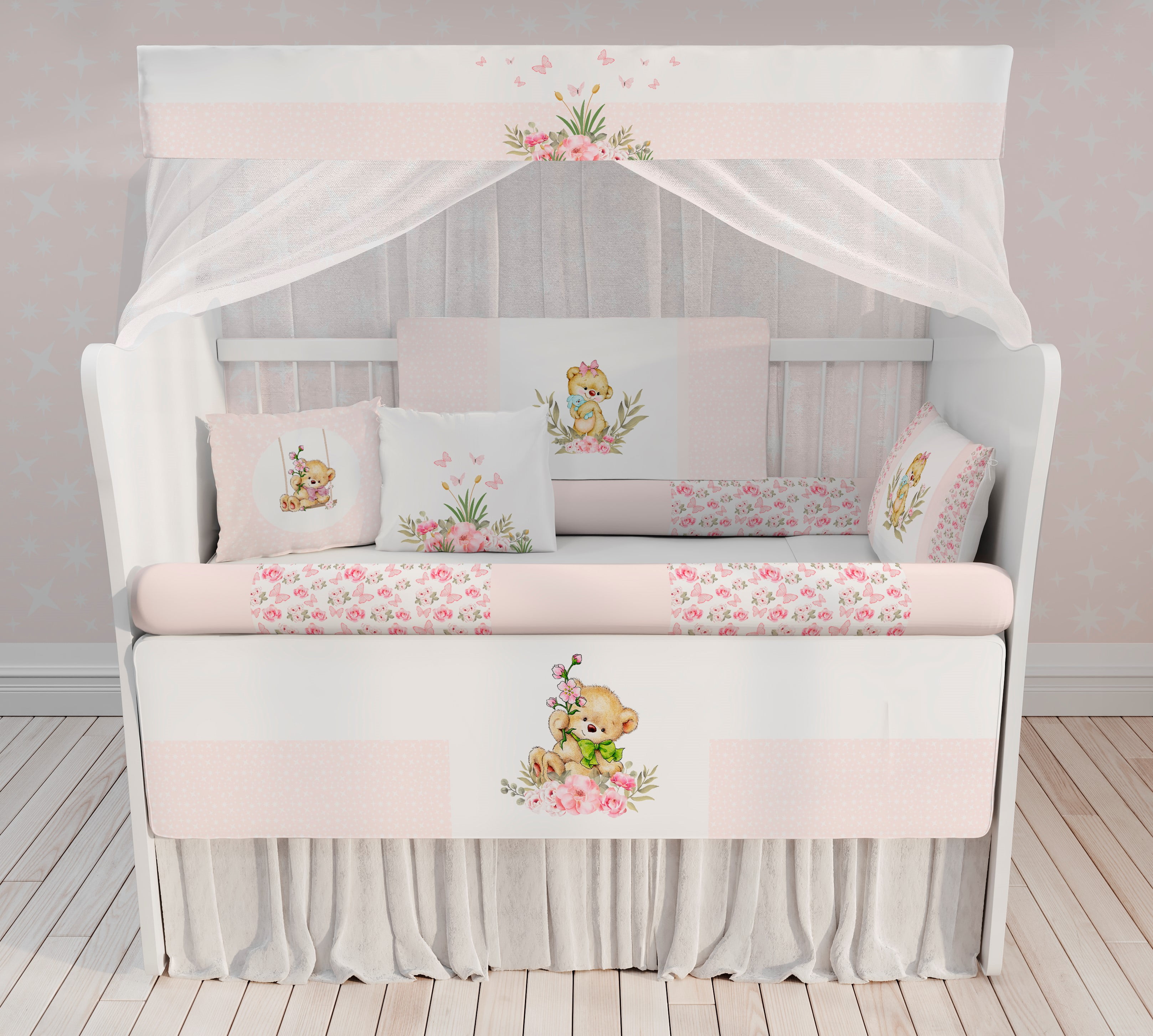 Kit Berço Enxoval de Bebê Ursinha no Balanço 23 PÇS - KT41 B Papel de parede  infantil, Enxovais para Bebê, Kits Berço, Kit Cama, faixa decorativa, régua do crescimento, quadros decorativos infantil.