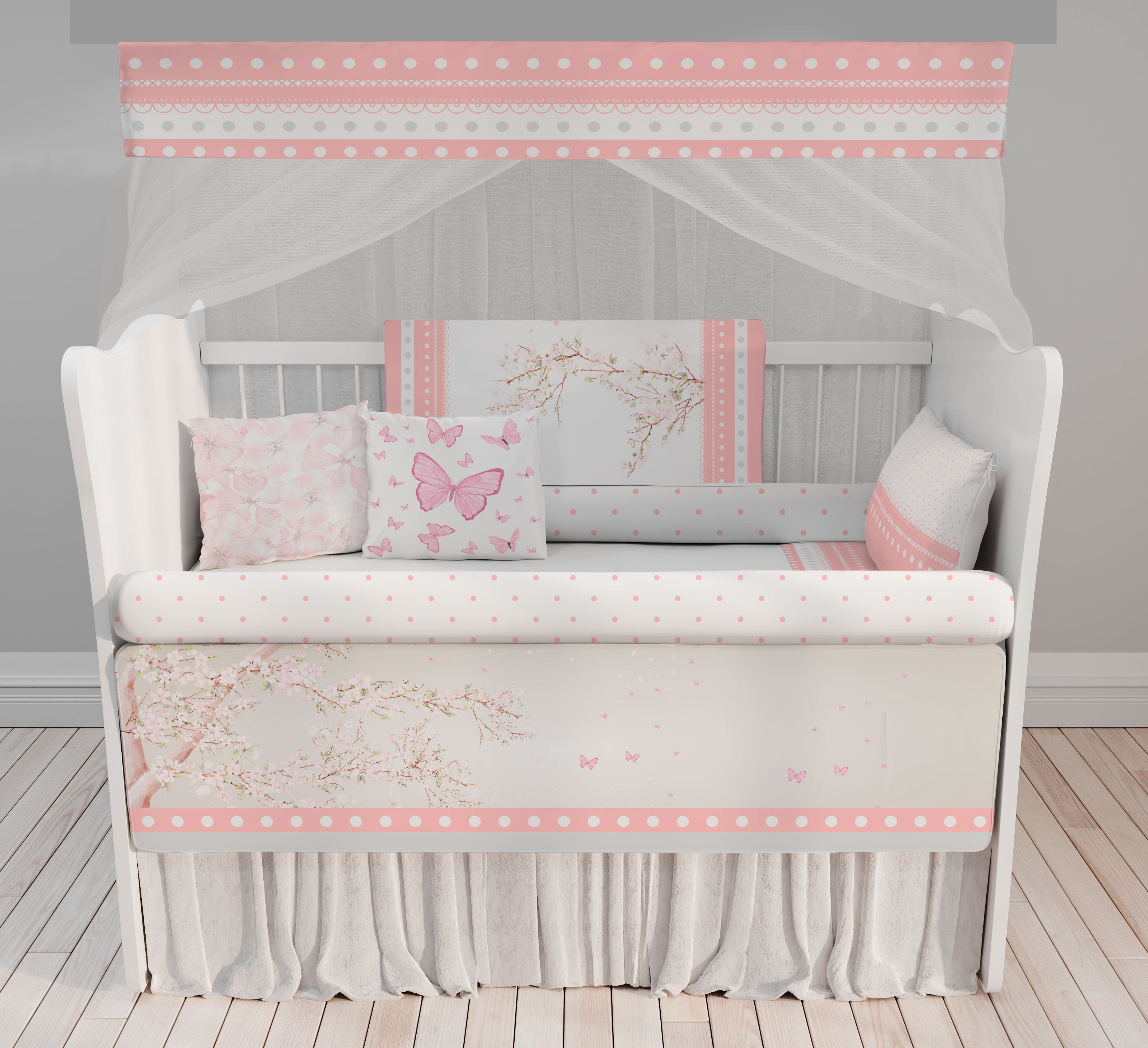 Kit Berço Enxoval de Bebê Floral Árvore Rosa