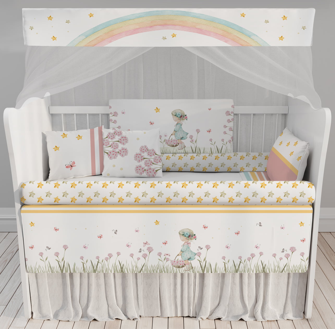 Kit Berço Enxoval De Bebê Arco Íris Floral Colorido