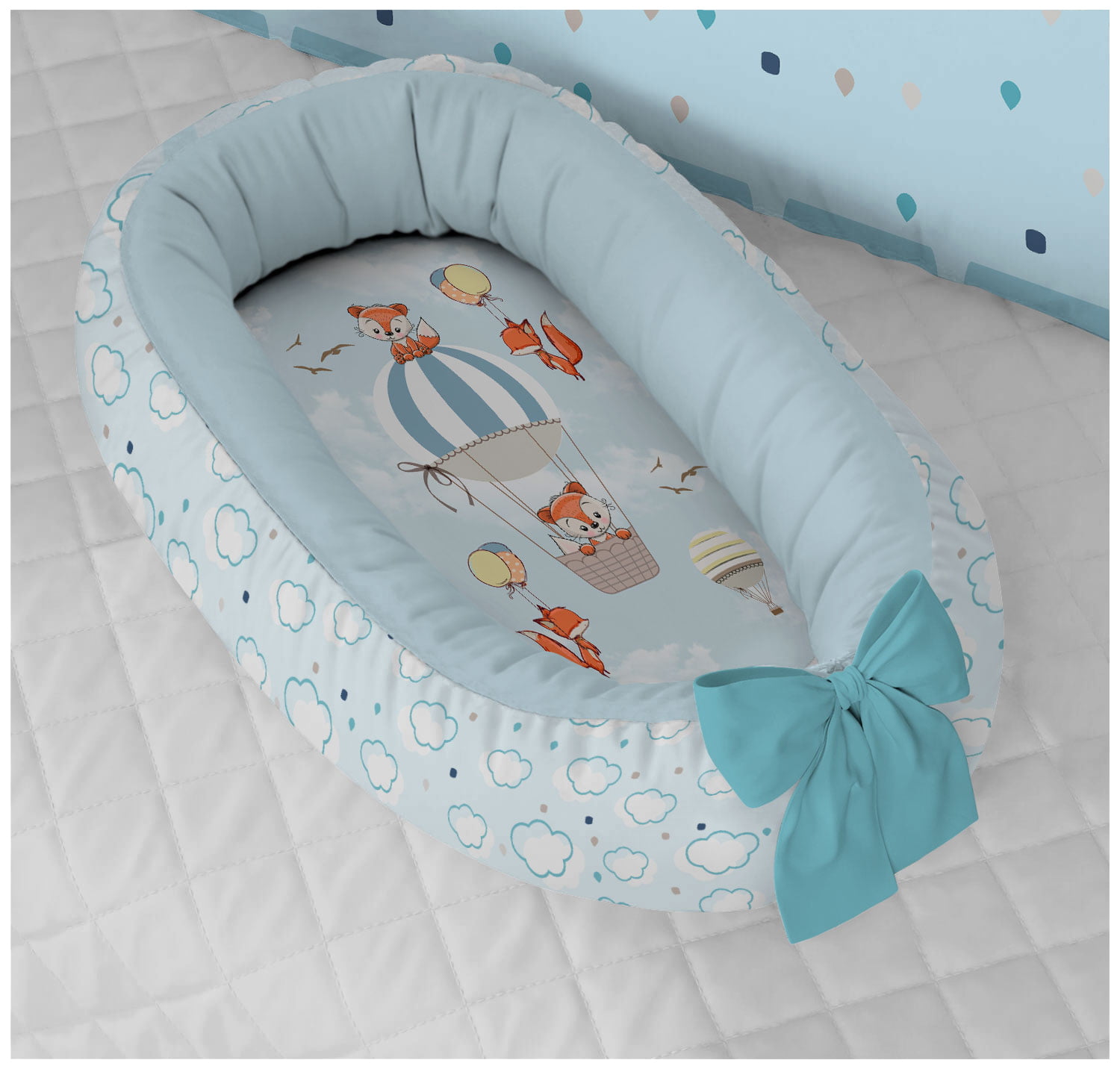 Ninho Redutor de Bebê Balões Azul Raposa 100% Algodão | Varoni Decor - N07