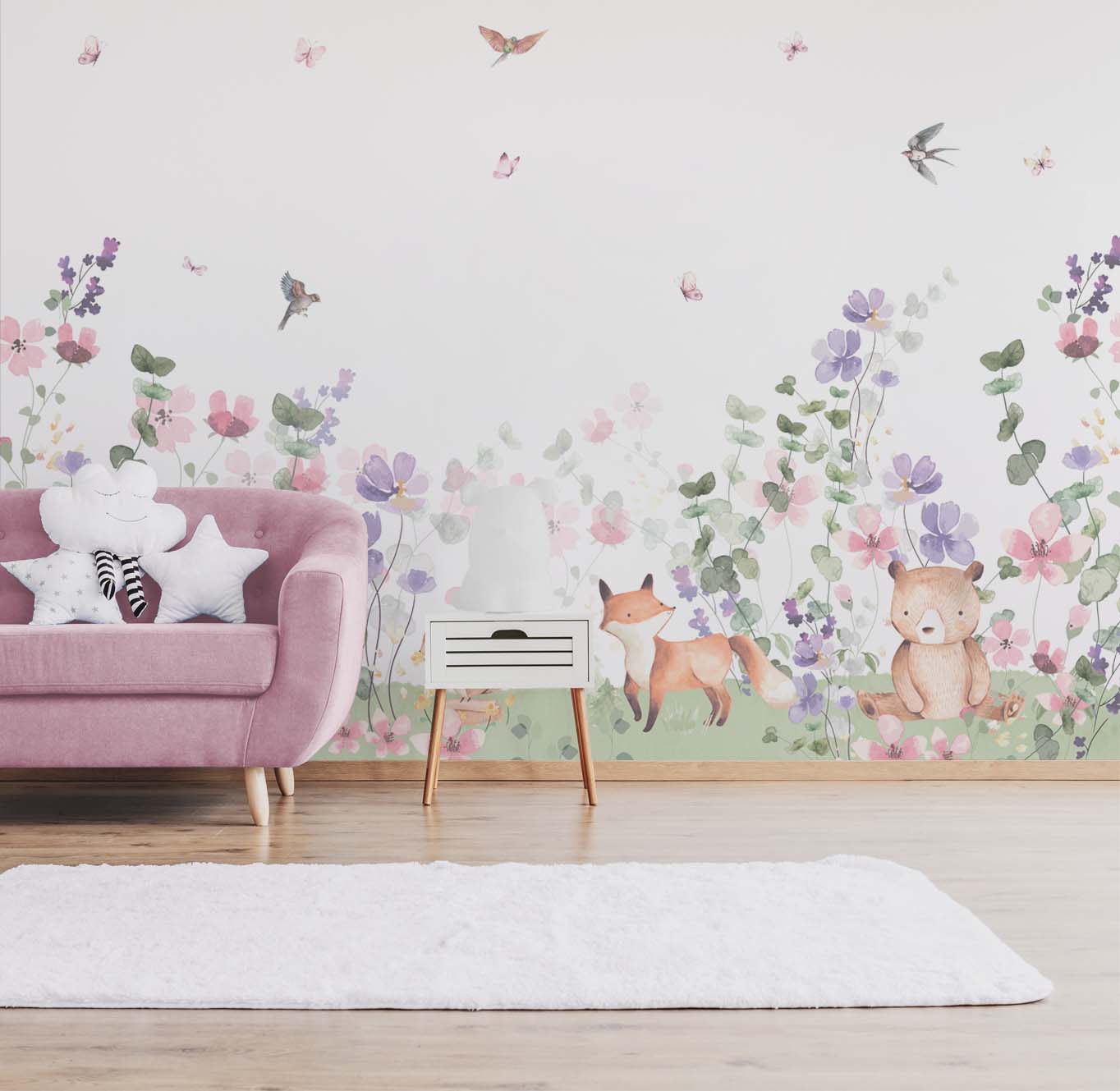Papel de Parede Infantil Jardim Encantado Flores Bosque