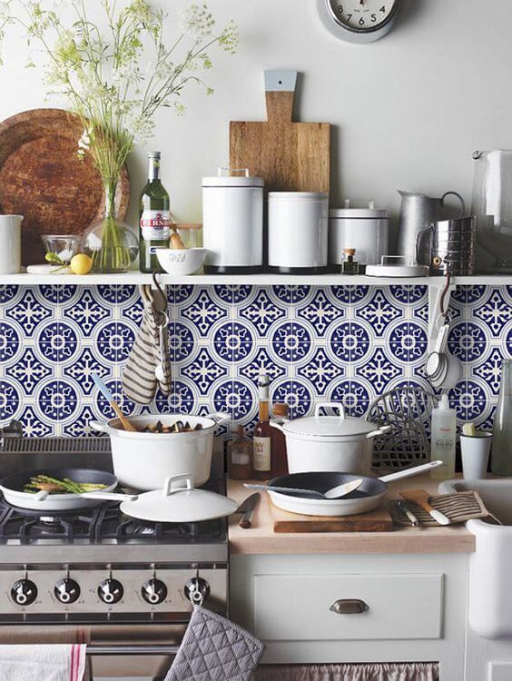 Papel de Parede Cozinha Estilo Retrô  Azul e Branco Linha Home - VRHOME13