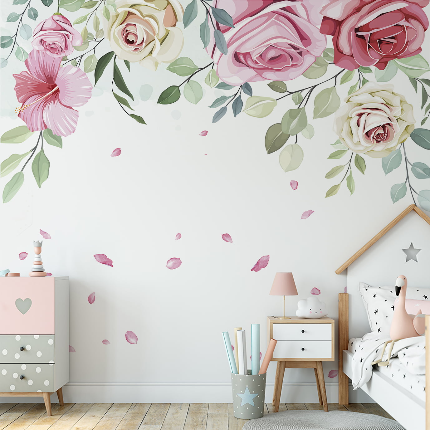 Papel de parede quarto de bebê infantil Flores Rosas e Pétalas