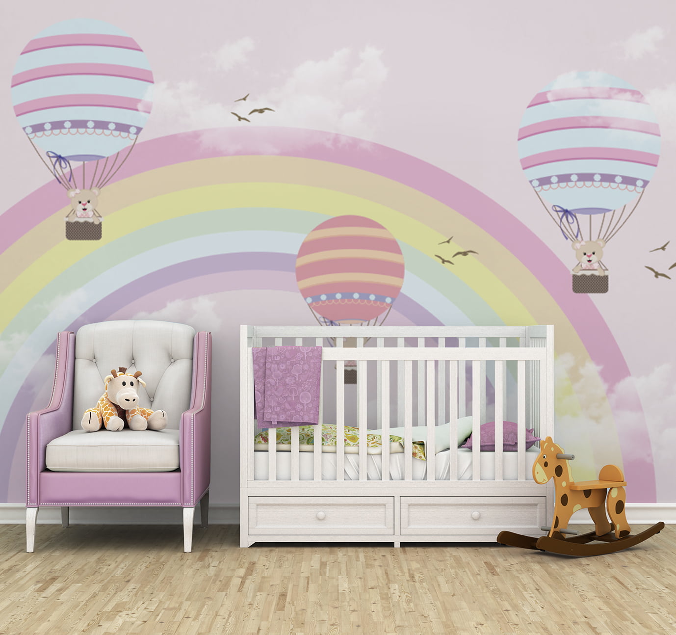 Papel de Parede Infantil Arco-Íris e Balões