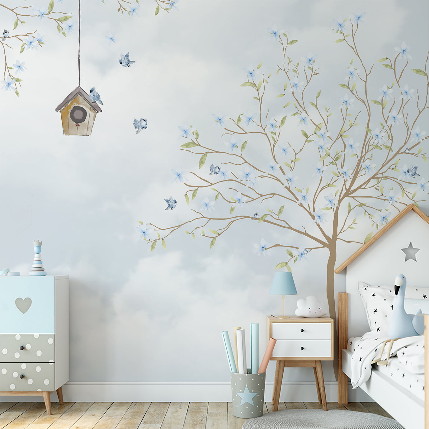 Papel de Parede Infantil Casinha de Pássaros e Árvore Floral