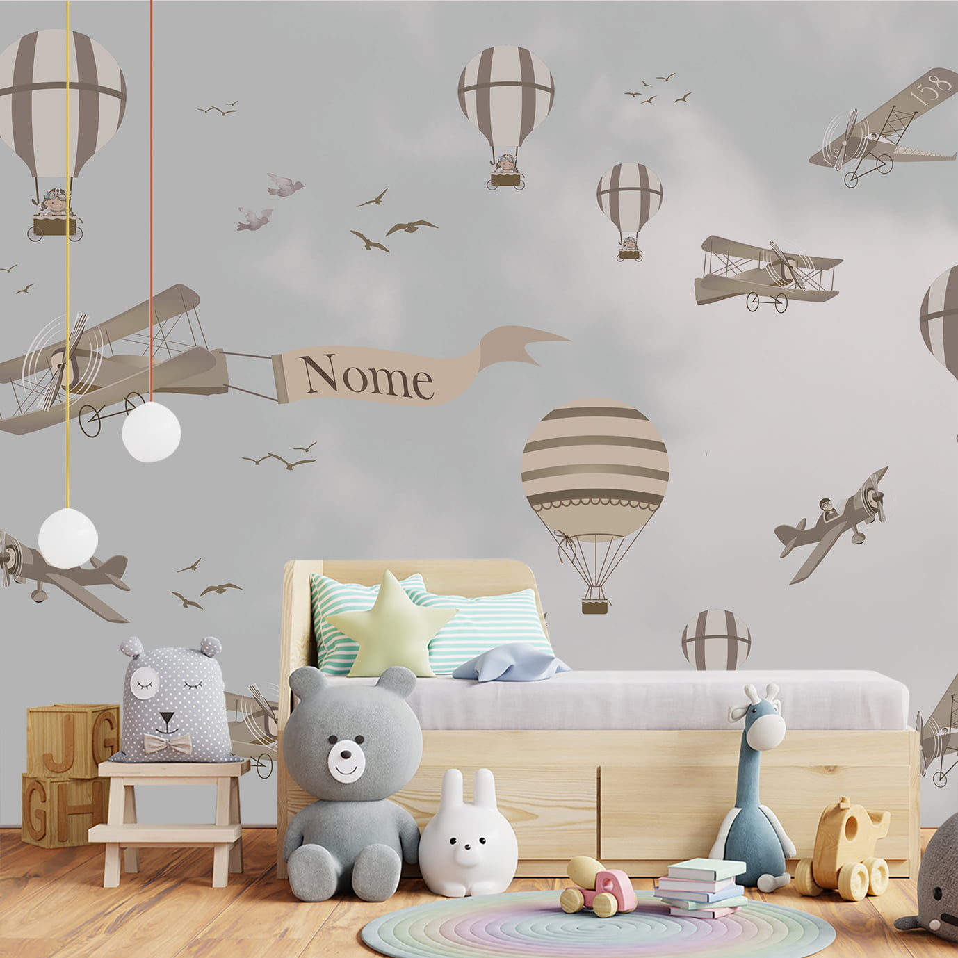 Papel de parede infantil para quarto de bebê aviões e balões