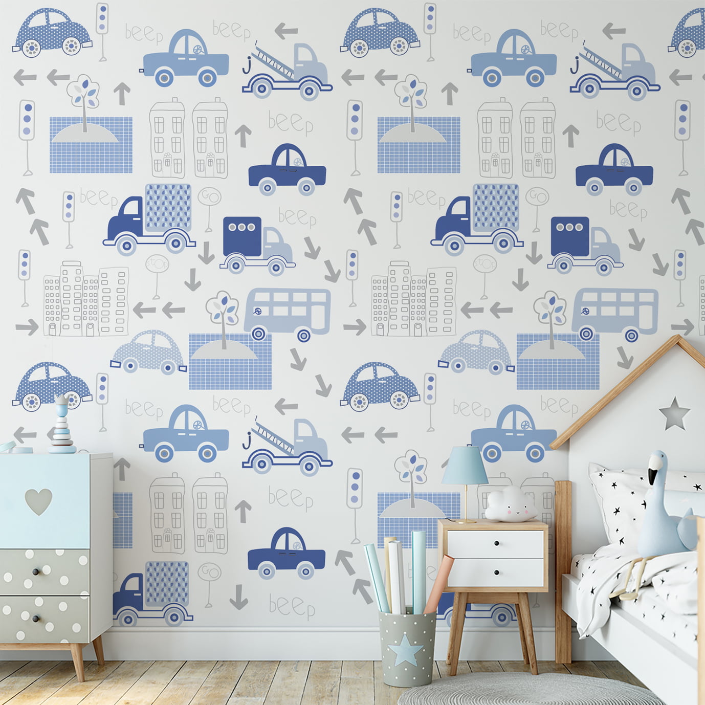 Papel de parede pista de carrinhos para quarto de bebê