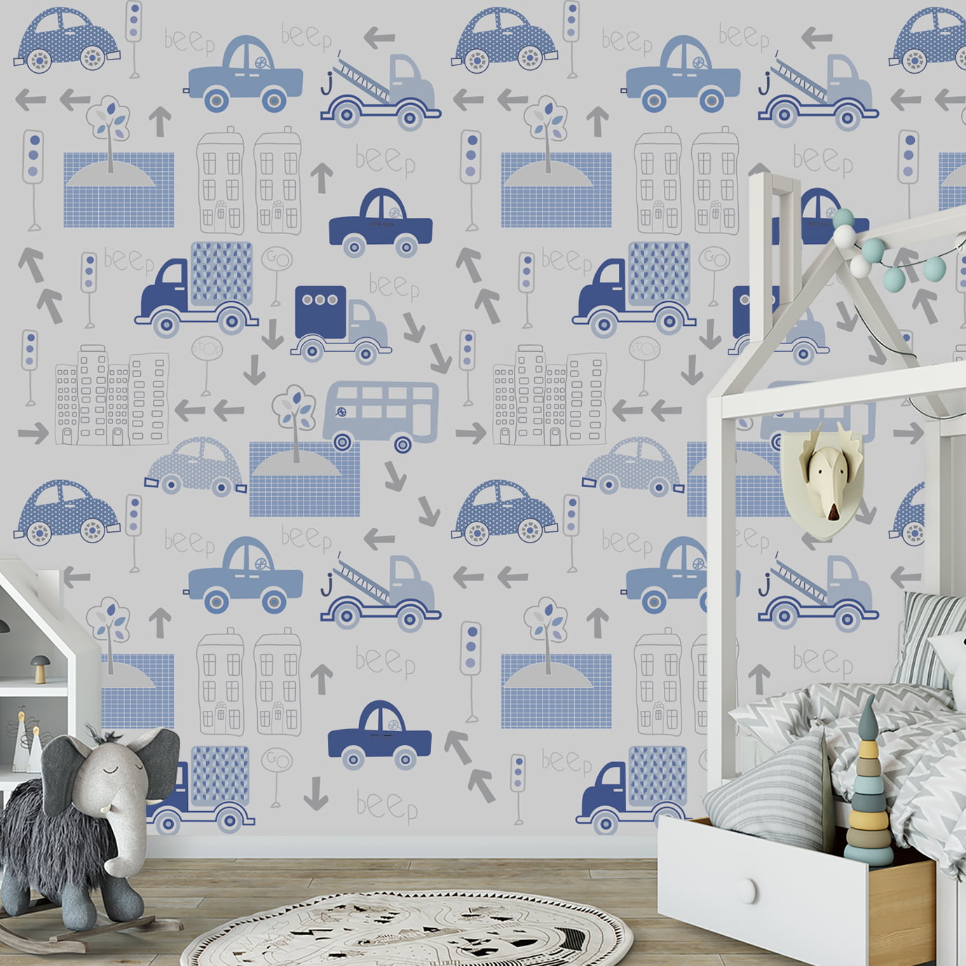 Papel de parede pista de carrinhos para quarto de bebê