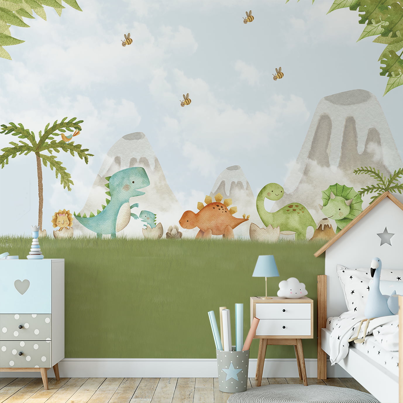 Papel de parede infantil Dinossauros verde