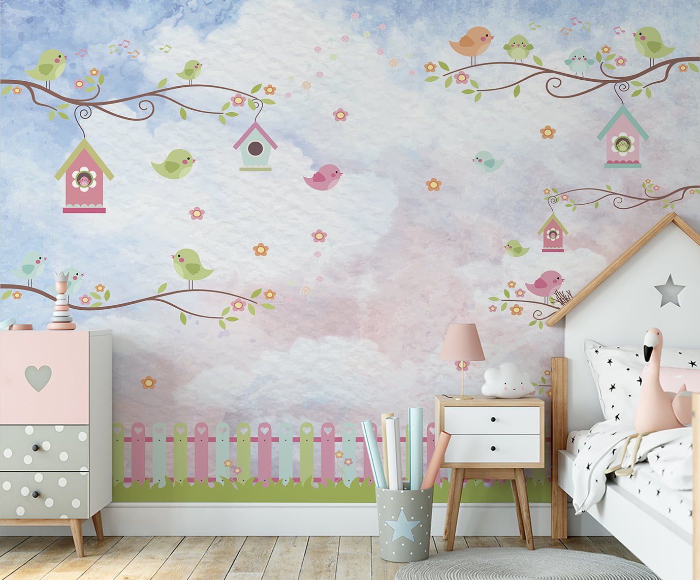 Papel de Parede Infantil Floral com Pássaros