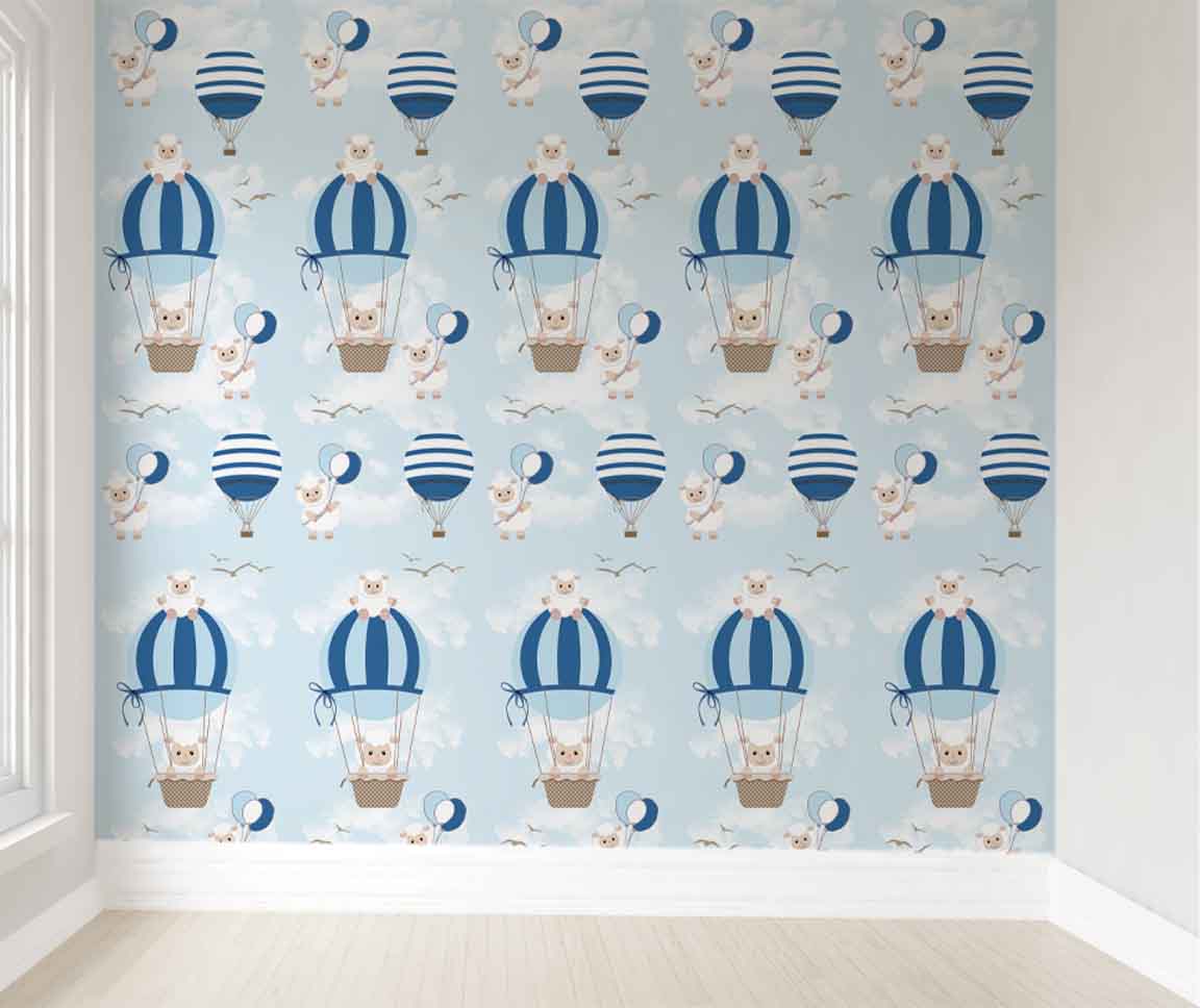 Papel de Parede Ovelhas Balões Azul Rolo 3m 