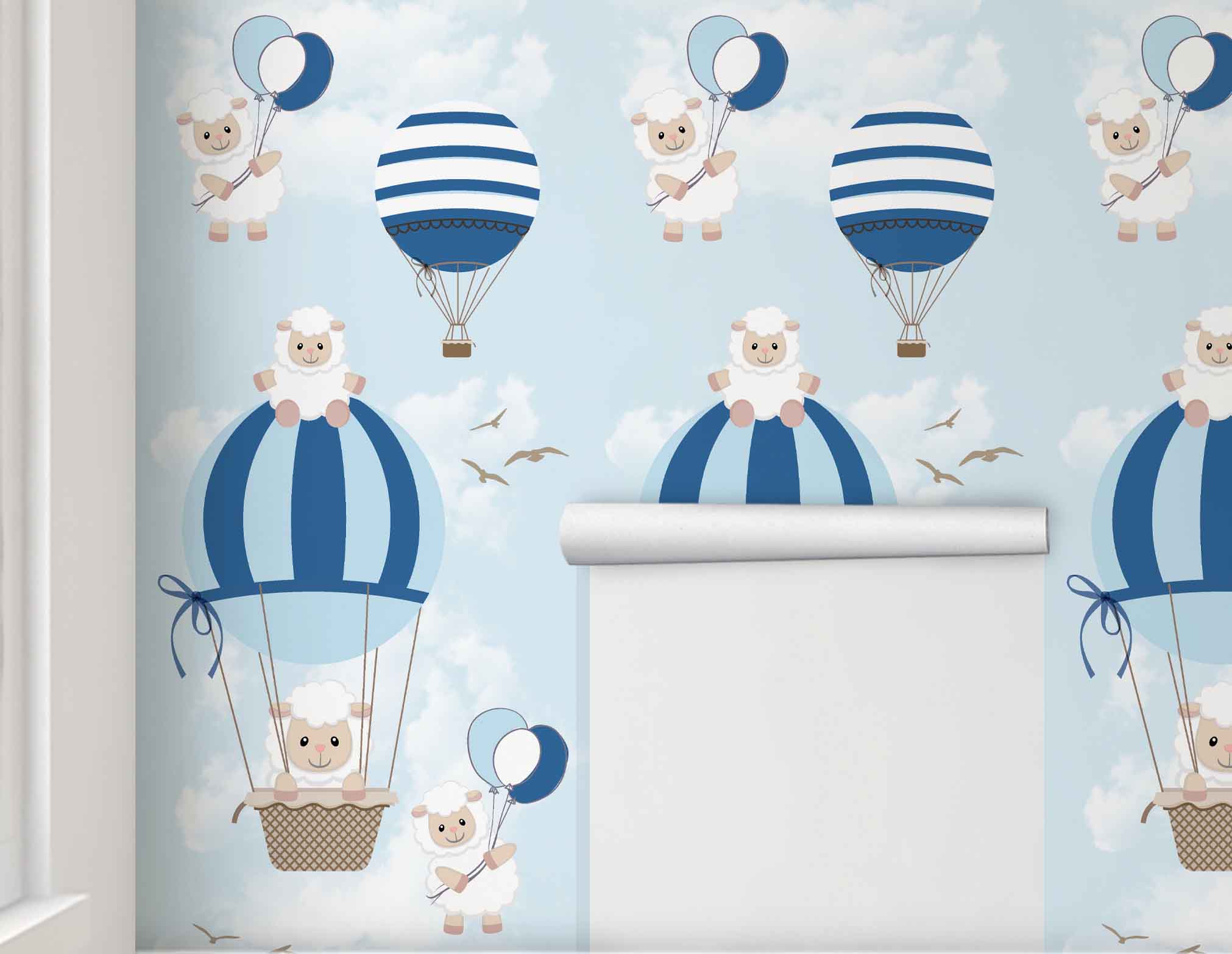 Papel de Parede Ovelhas Balões Azul Rolo 3m