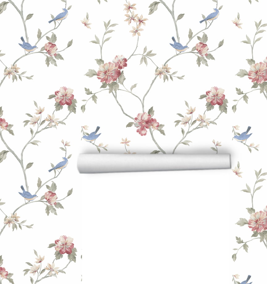 Papel de Parede Flores Pássaros Delicado Menina Rolo 3m