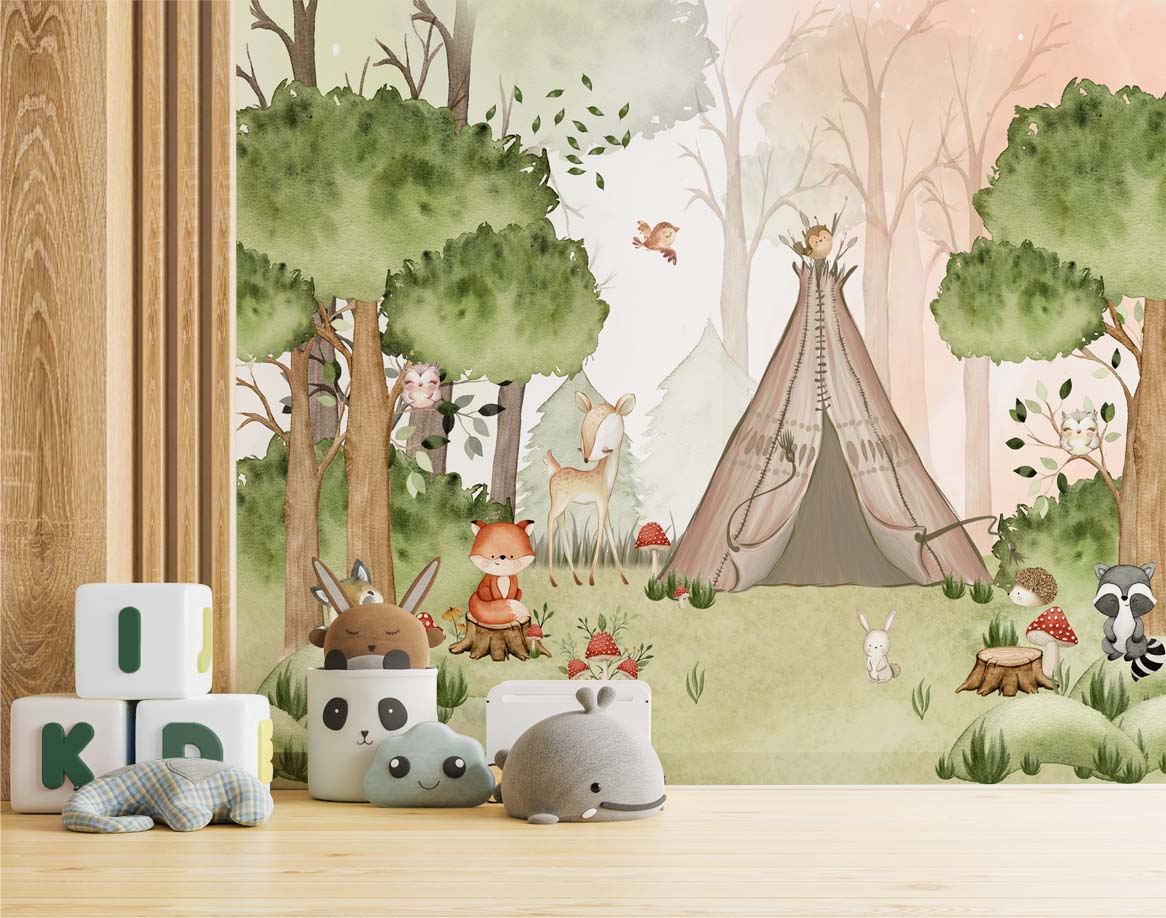 Papel de Parede Infantil Safari Bosque Raposa Verde 