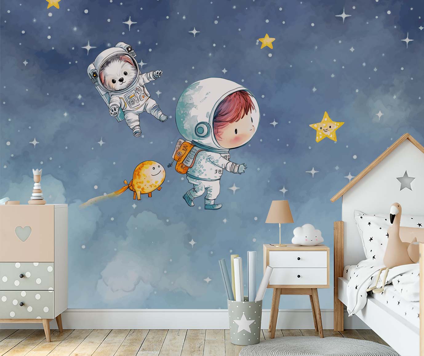 Papel de Parede Infantil Astronauta Estrelas Galáxia Espaço Azul