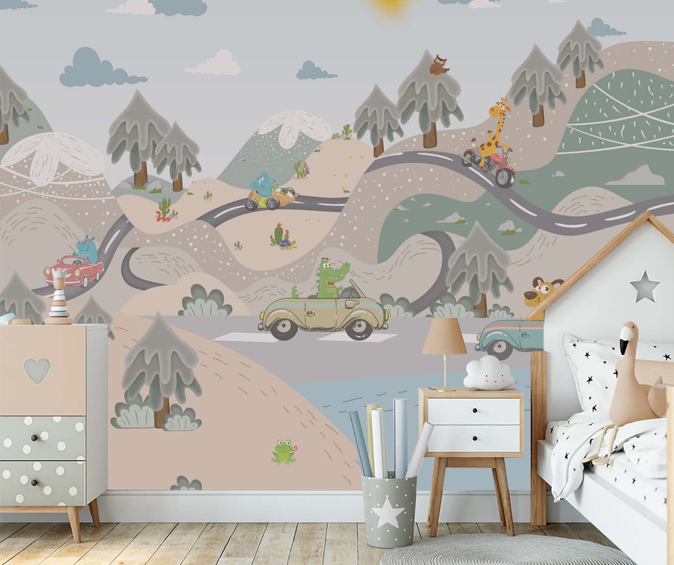 Papel de Parede Infantil Safari Carros Montanhas